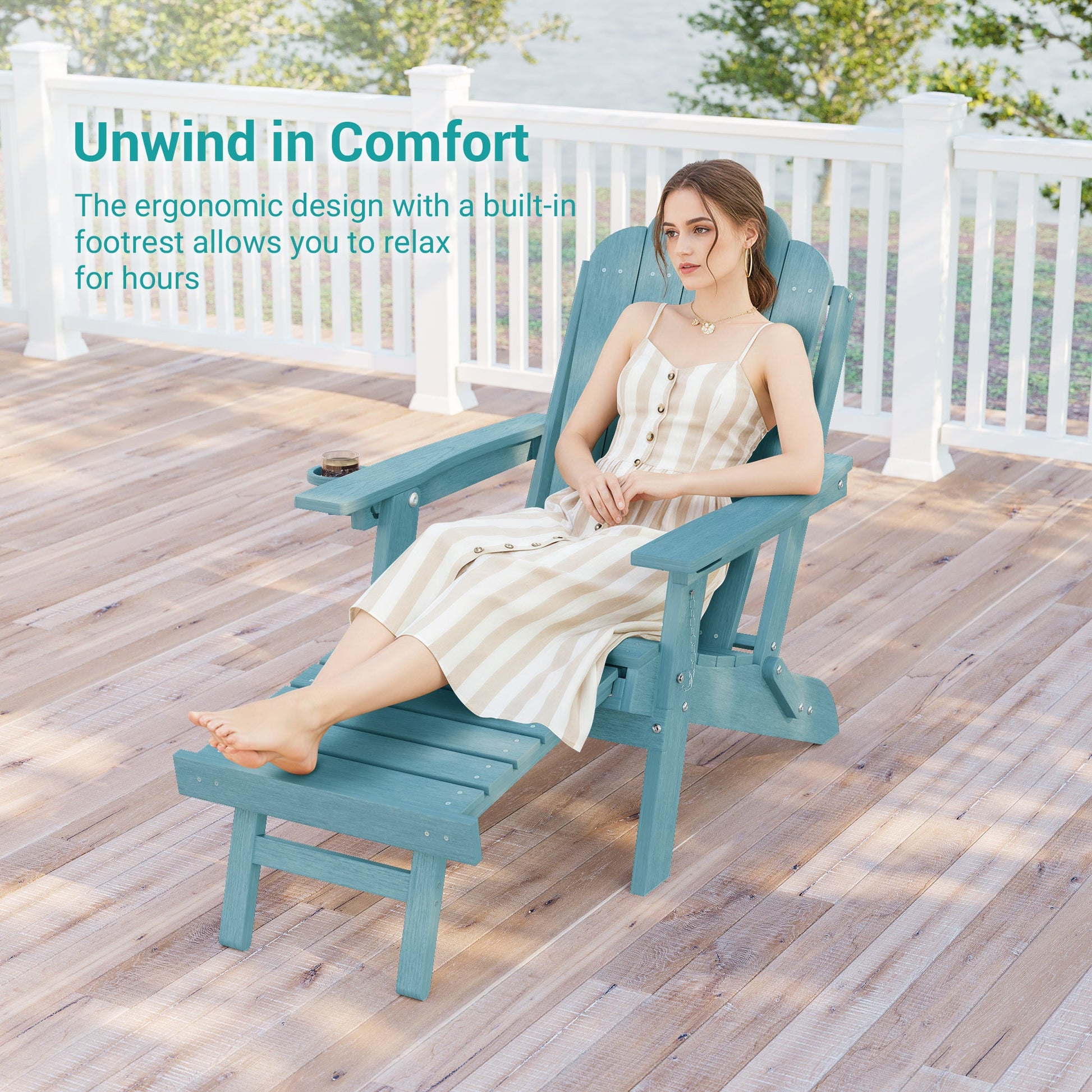 Sonkuki Set of 4 Folding Adirondack Chair with Retractable Ottoman, 3 - Position Adjustable Backrest, Weather Resistant HDPE Patio Chair with Hidden Cup Holder for Lawn, Deck and Garden, 350 lbs Capacity - Sonkuki