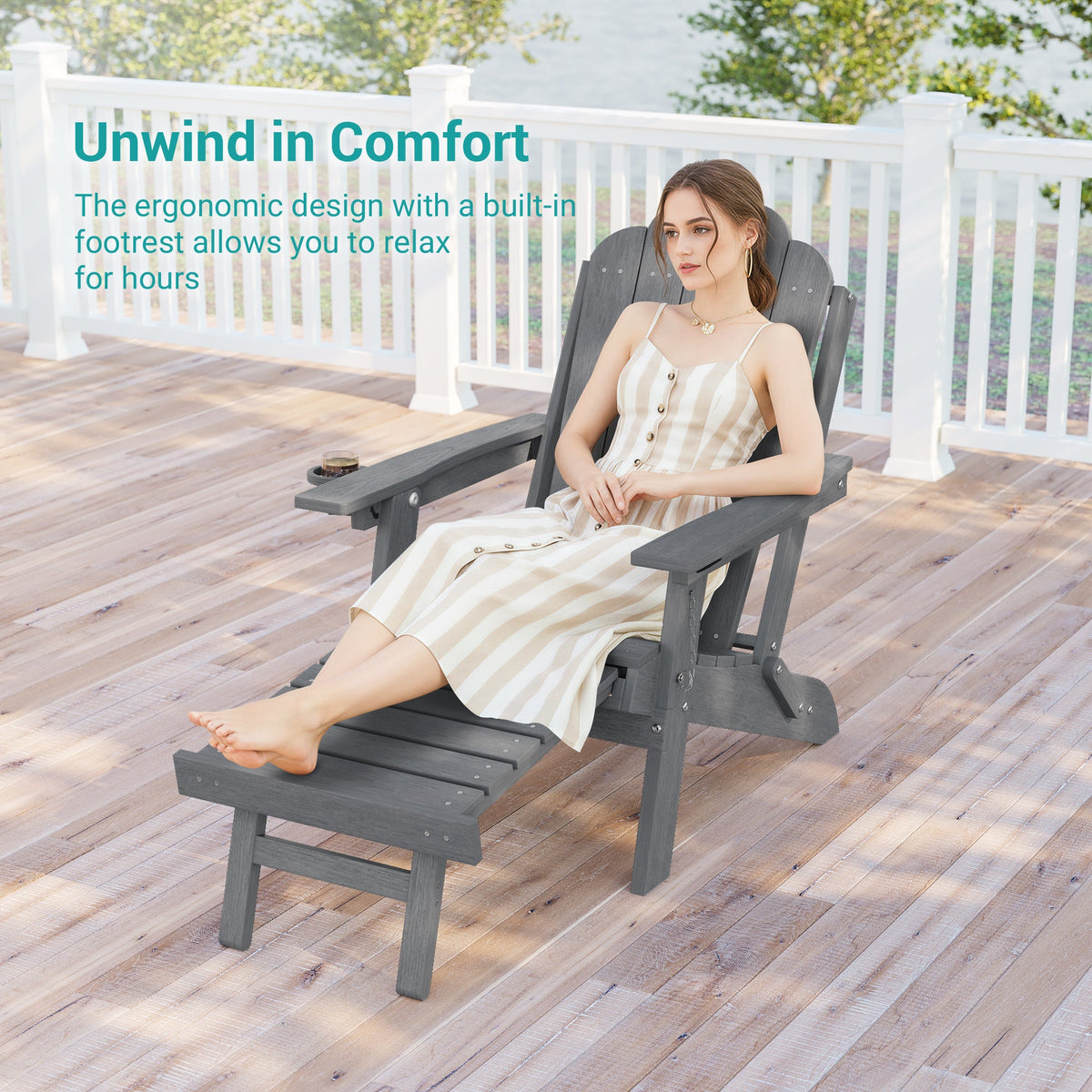 Sonkuki Set of 4 Folding Adirondack Chair with Retractable Ottoman, 3 - Position Adjustable Backrest, Weather Resistant HDPE Patio Chair with Hidden Cup Holder for Lawn, Deck and Garden, 350 lbs Capacity - Sonkuki