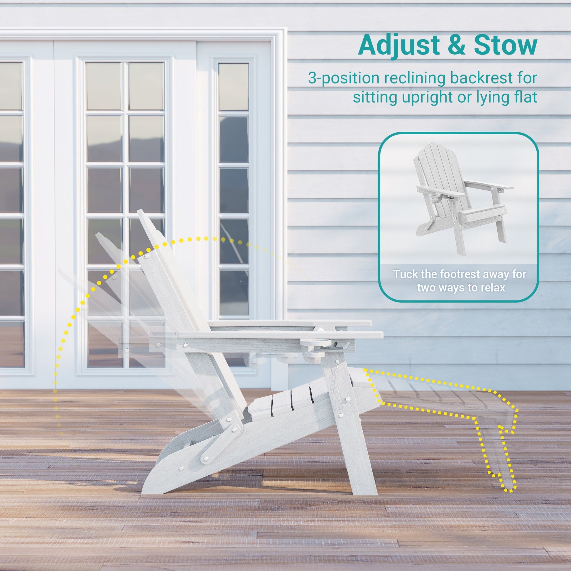 Sonkuki Set of 4 Folding Adirondack Chair with Retractable Ottoman, 3 - Position Adjustable Backrest, Weather Resistant HDPE Patio Chair with Hidden Cup Holder for Lawn, Deck and Garden, 350 lbs Capacity - Sonkuki