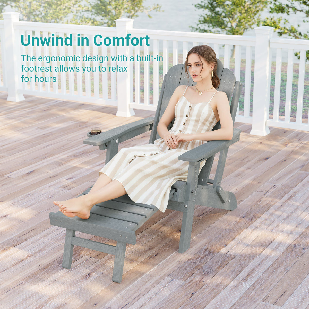 Sonkuki Set of 4 Folding Adirondack Chair with Retractable Ottoman, 3 - Position Adjustable Backrest, Weather Resistant HDPE Patio Chair with Hidden Cup Holder for Lawn, Deck and Garden, 350 lbs Capacity - Sonkuki