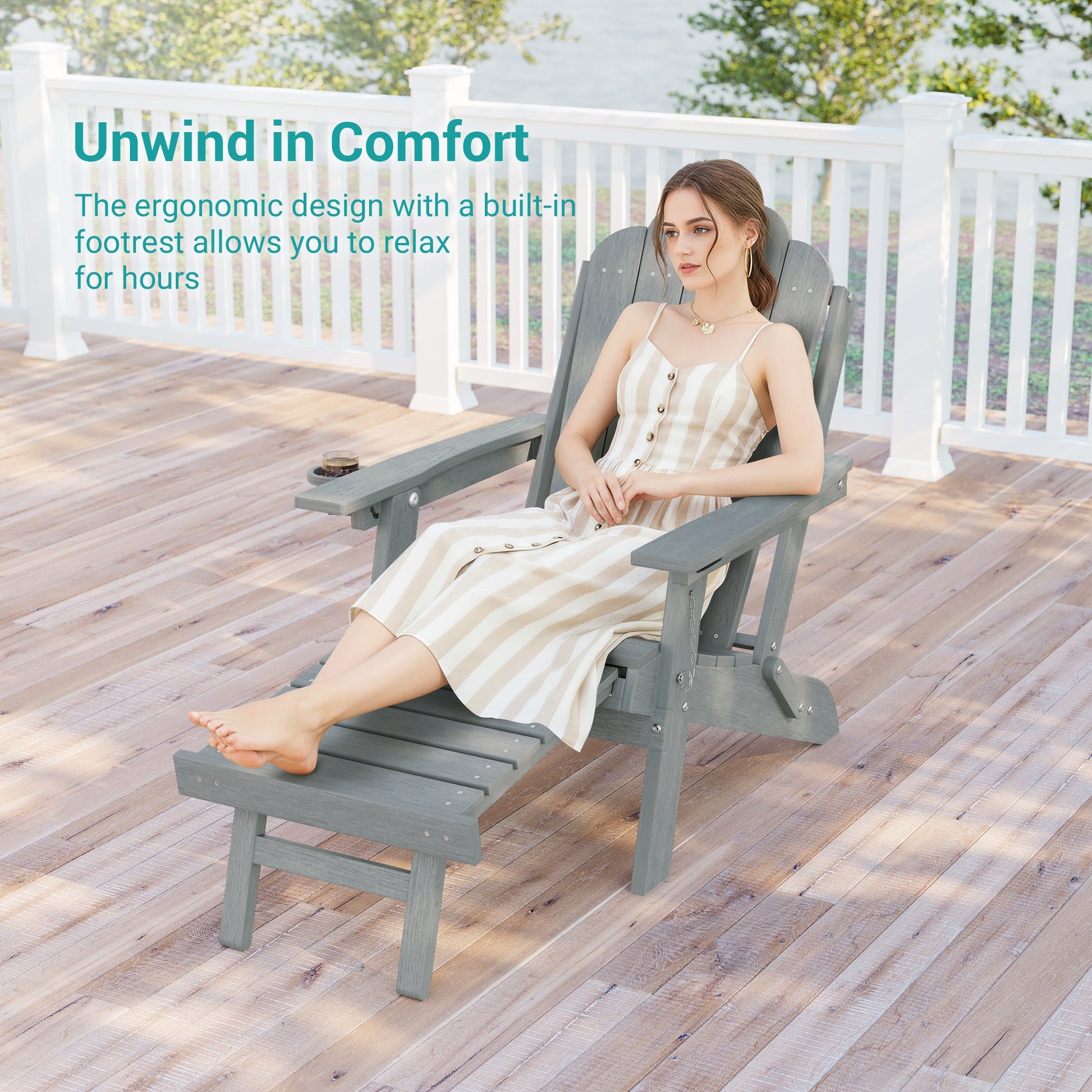 Sonkuki Set of 4 Folding Adirondack Chair with Retractable Ottoman, 3 - Position Adjustable Backrest, Weather Resistant HDPE Patio Chair with Hidden Cup Holder for Lawn, Deck and Garden, 350 lbs Capacity - Sonkuki