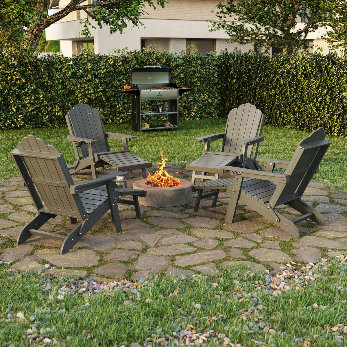 Sonkuki Set of 4 Folding Adirondack Chair with Retractable Ottoman, 3 - Position Adjustable Backrest, Weather Resistant HDPE Patio Chair with Hidden Cup Holder for Lawn, Deck and Garden, 350 lbs Capacity - Sonkuki
