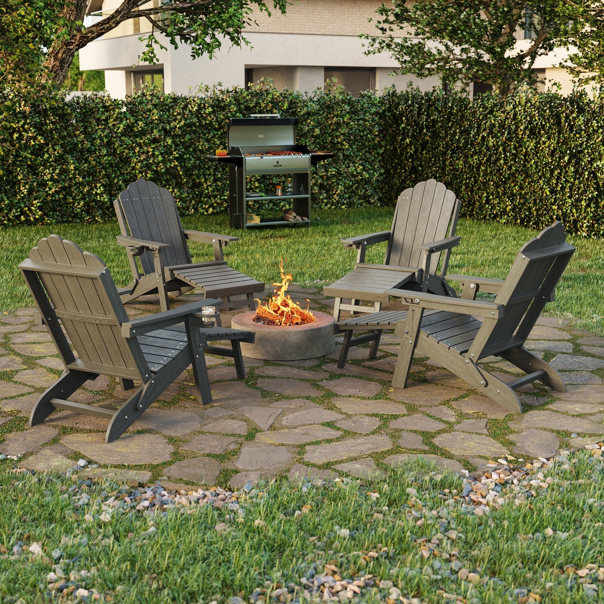 Sonkuki Set of 4 Folding Adirondack Chair with Retractable Ottoman, 3 - Position Adjustable Backrest, Weather Resistant HDPE Patio Chair with Hidden Cup Holder for Lawn, Deck and Garden, 350 lbs Capacity - Sonkuki