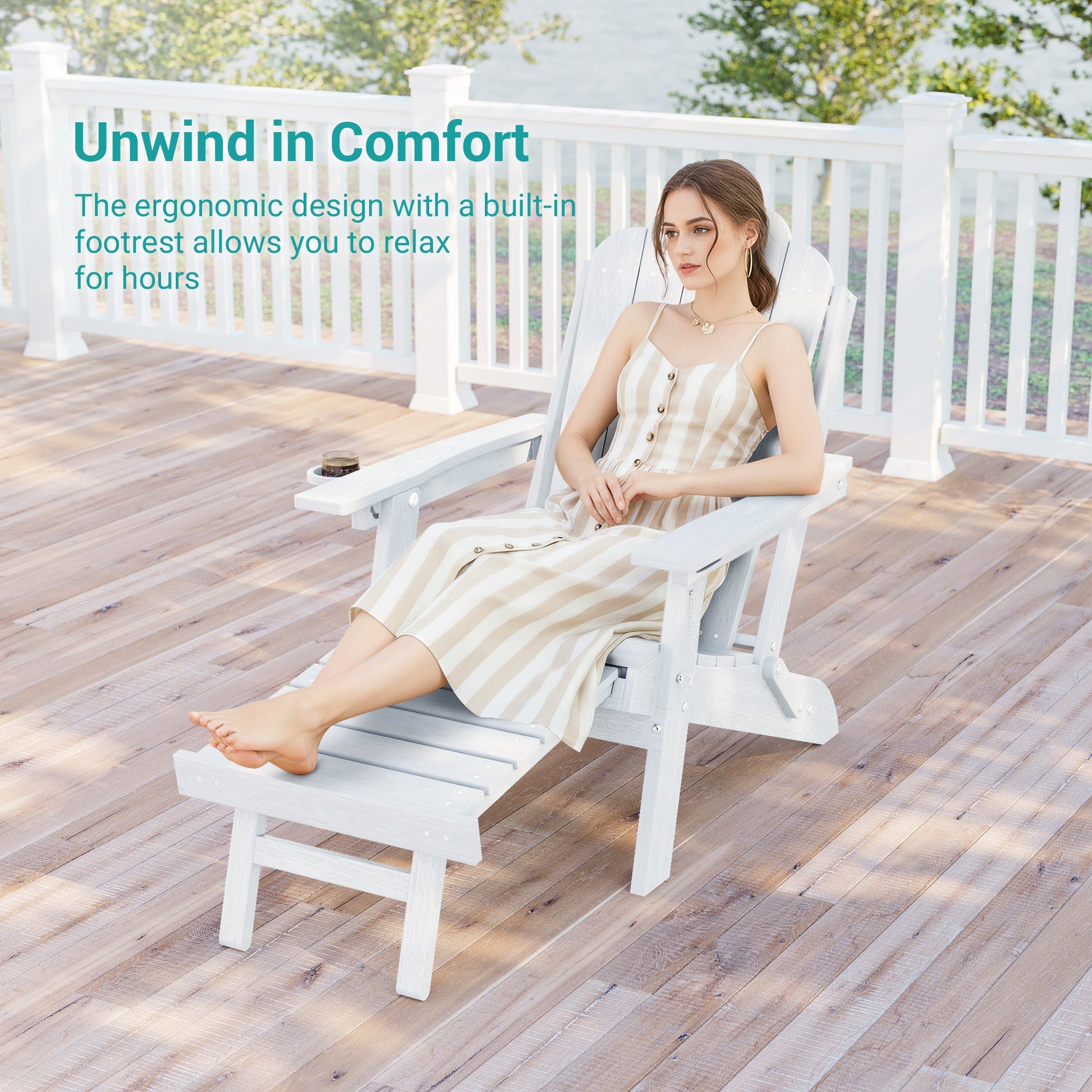 Sonkuki Set of 4 Folding Adirondack Chair with Retractable Ottoman, 3 - Position Adjustable Backrest, Weather Resistant HDPE Patio Chair with Hidden Cup Holder for Lawn, Deck and Garden, 350 lbs Capacity - Sonkuki