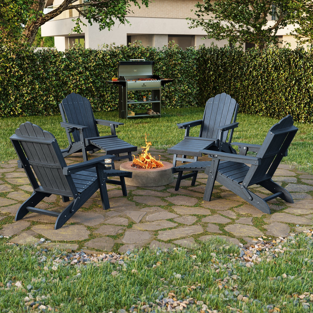 Sonkuki Set of 4 Folding Adirondack Chair with Retractable Ottoman, 3 - Position Adjustable Backrest, Weather Resistant HDPE Patio Chair with Hidden Cup Holder for Lawn, Deck and Garden, 350 lbs Capacity - Sonkuki