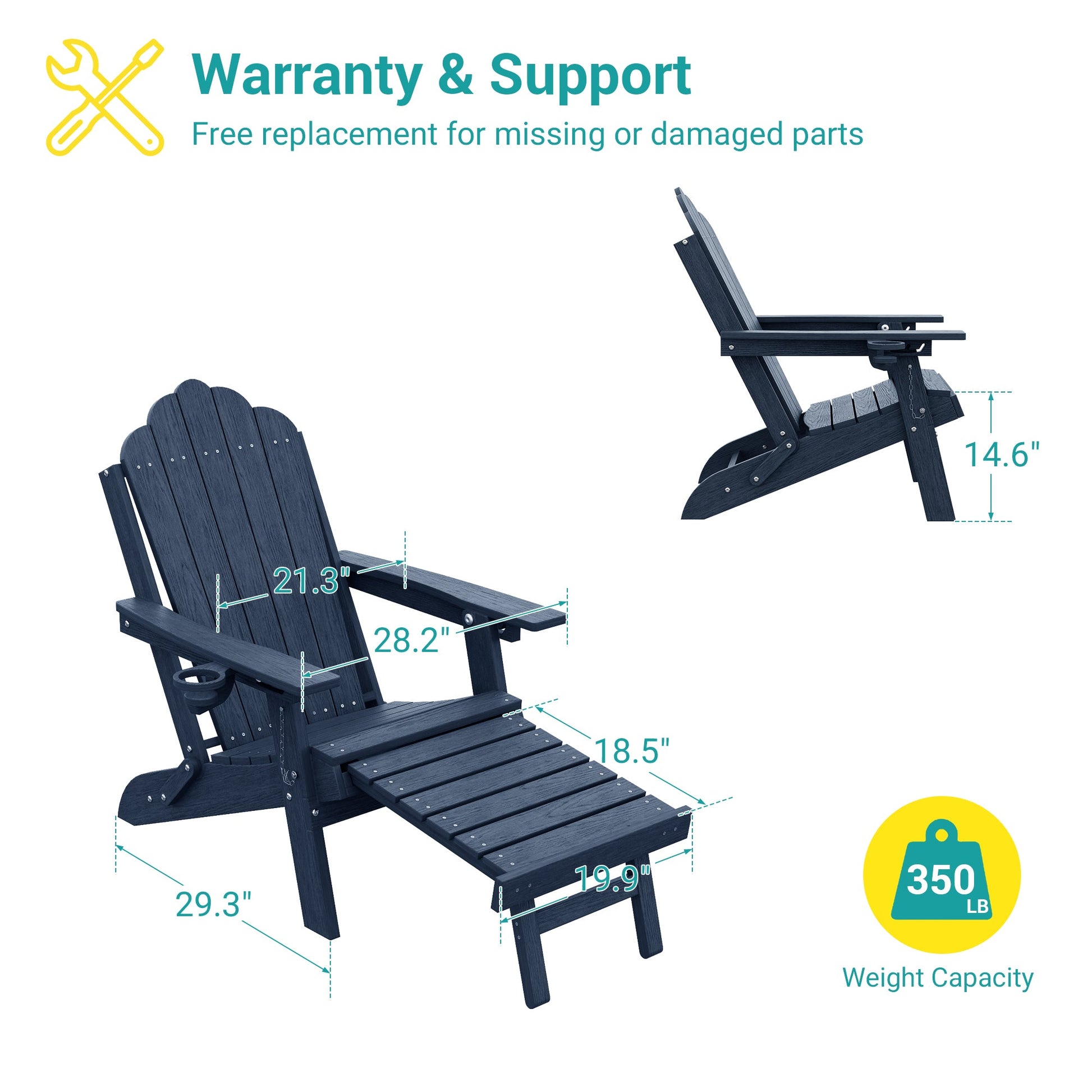 Sonkuki Set of 4 Folding Adirondack Chair with Retractable Ottoman, 3 - Position Adjustable Backrest, Weather Resistant HDPE Patio Chair with Hidden Cup Holder for Lawn, Deck and Garden, 350 lbs Capacity - Sonkuki