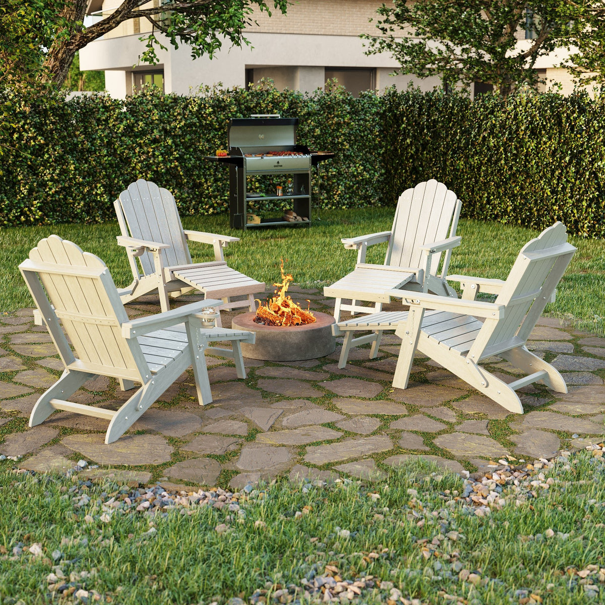 Sonkuki Set of 4 Folding Adirondack Chair with Retractable Ottoman, 3 - Position Adjustable Backrest, Weather Resistant HDPE Patio Chair with Hidden Cup Holder for Lawn, Deck and Garden, 350 lbs Capacity - Sonkuki