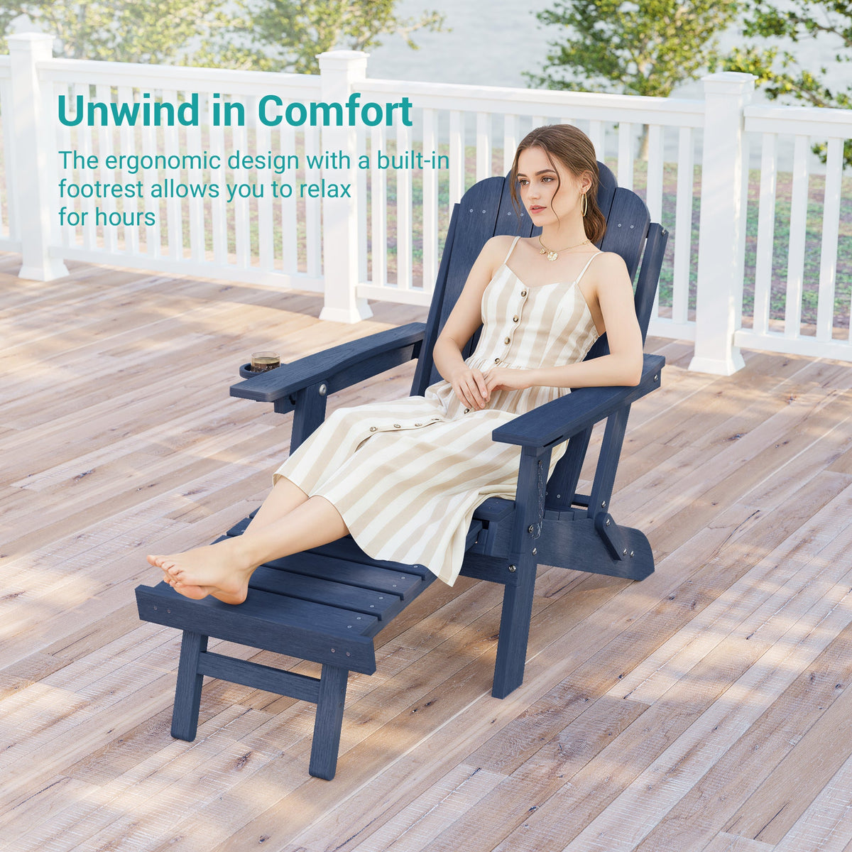 Sonkuki Set of 4 Folding Adirondack Chair with Retractable Ottoman, 3 - Position Adjustable Backrest, Weather Resistant HDPE Patio Chair with Hidden Cup Holder for Lawn, Deck and Garden, 350 lbs Capacity - Sonkuki