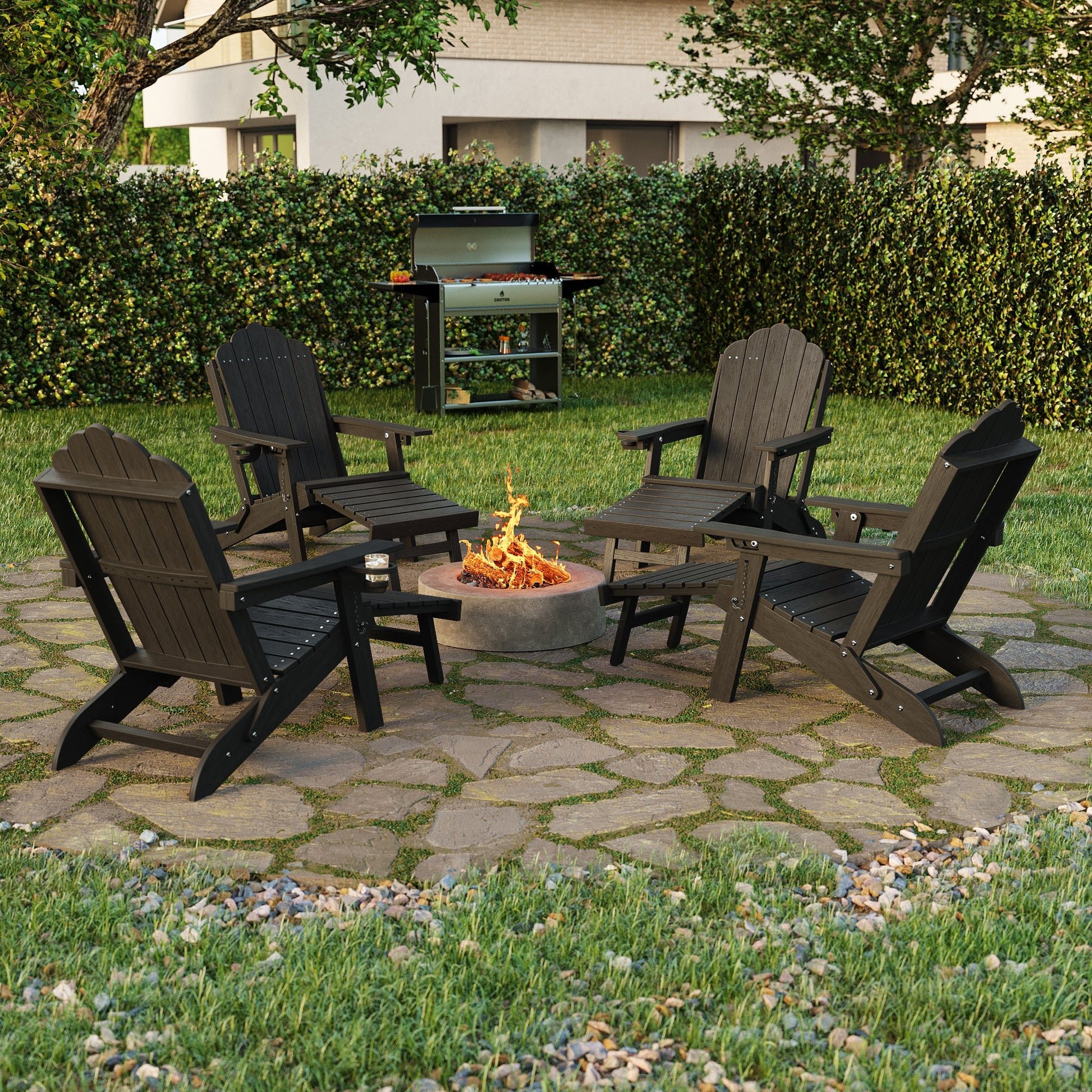 Sonkuki Set of 4 Folding Adirondack Chair with Retractable Ottoman, 3 - Position Adjustable Backrest, Weather Resistant HDPE Patio Chair with Hidden Cup Holder for Lawn, Deck and Garden, 350 lbs Capacity - Sonkuki