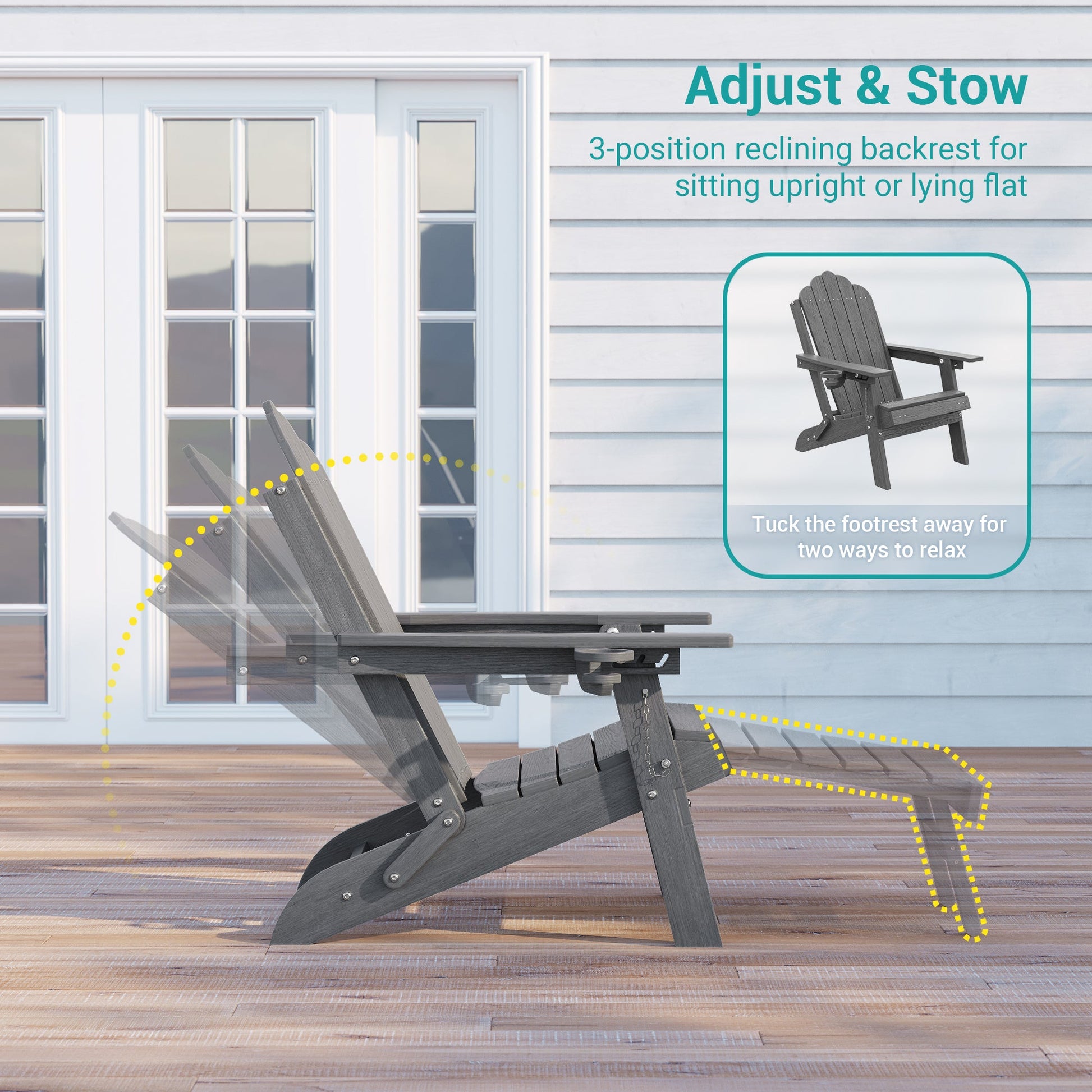 Sonkuki Set of 4 Folding Adirondack Chair with Retractable Ottoman, 3 - Position Adjustable Backrest, Weather Resistant HDPE Patio Chair with Hidden Cup Holder for Lawn, Deck and Garden, 350 lbs Capacity - Sonkuki