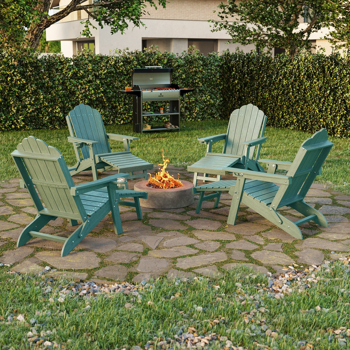 Sonkuki Set of 4 Folding Adirondack Chair with Retractable Ottoman, 3 - Position Adjustable Backrest, Weather Resistant HDPE Patio Chair with Hidden Cup Holder for Lawn, Deck and Garden, 350 lbs Capacity - Sonkuki