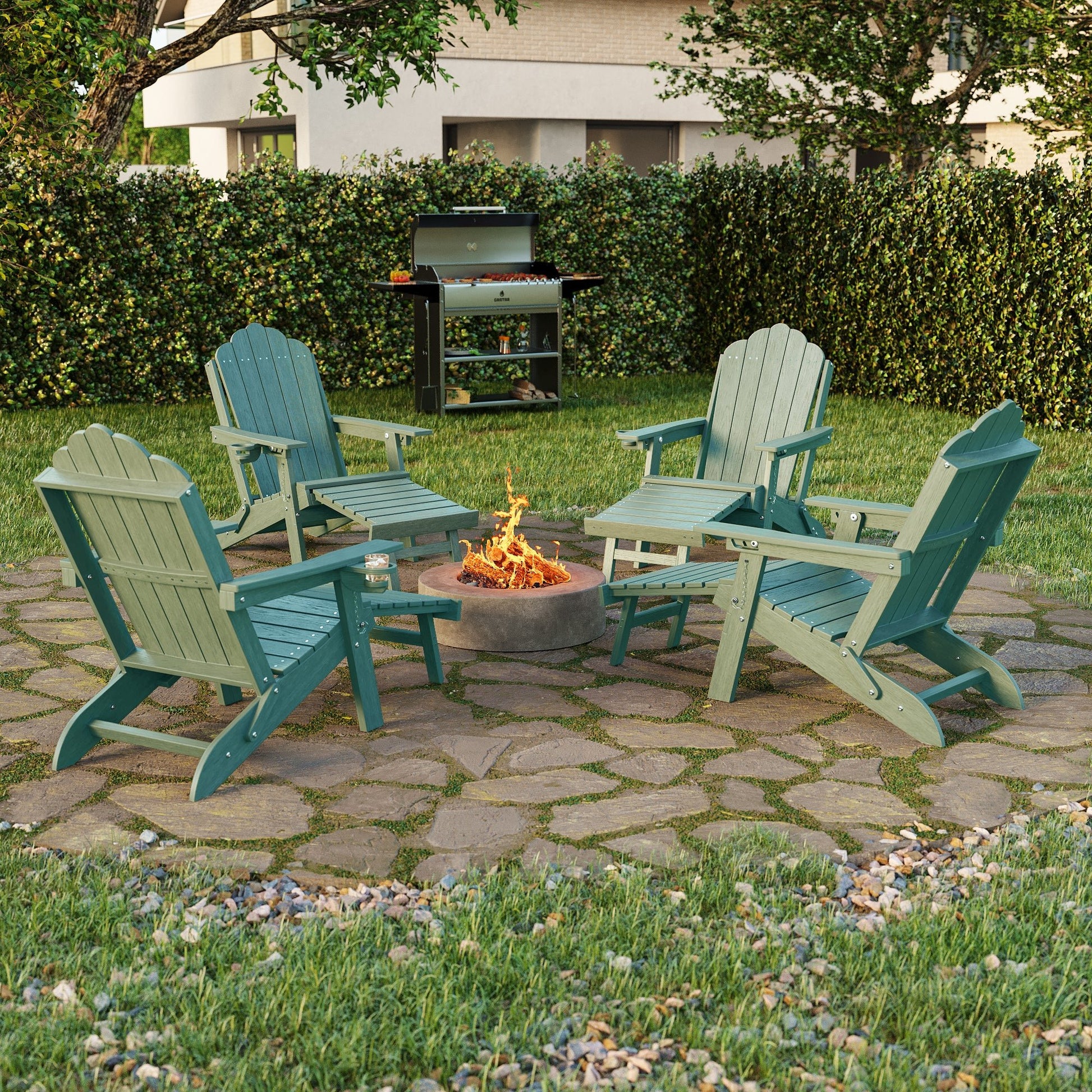 Sonkuki Set of 4 Folding Adirondack Chair with Retractable Ottoman, 3 - Position Adjustable Backrest, Weather Resistant HDPE Patio Chair with Hidden Cup Holder for Lawn, Deck and Garden, 350 lbs Capacity - Sonkuki