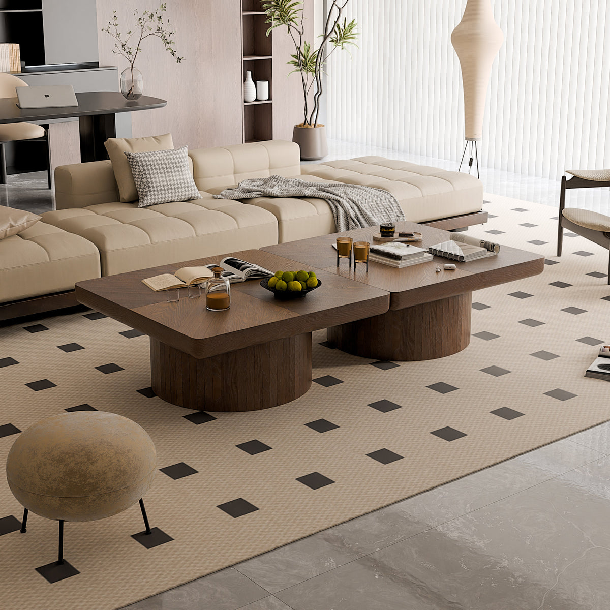 Square Coffee Table for Living Room, Modern Wood Veneer Top with Parquet Pattern & Cylindrical Base, Thickened Tabletop, Easy Assembly - Sonkuki