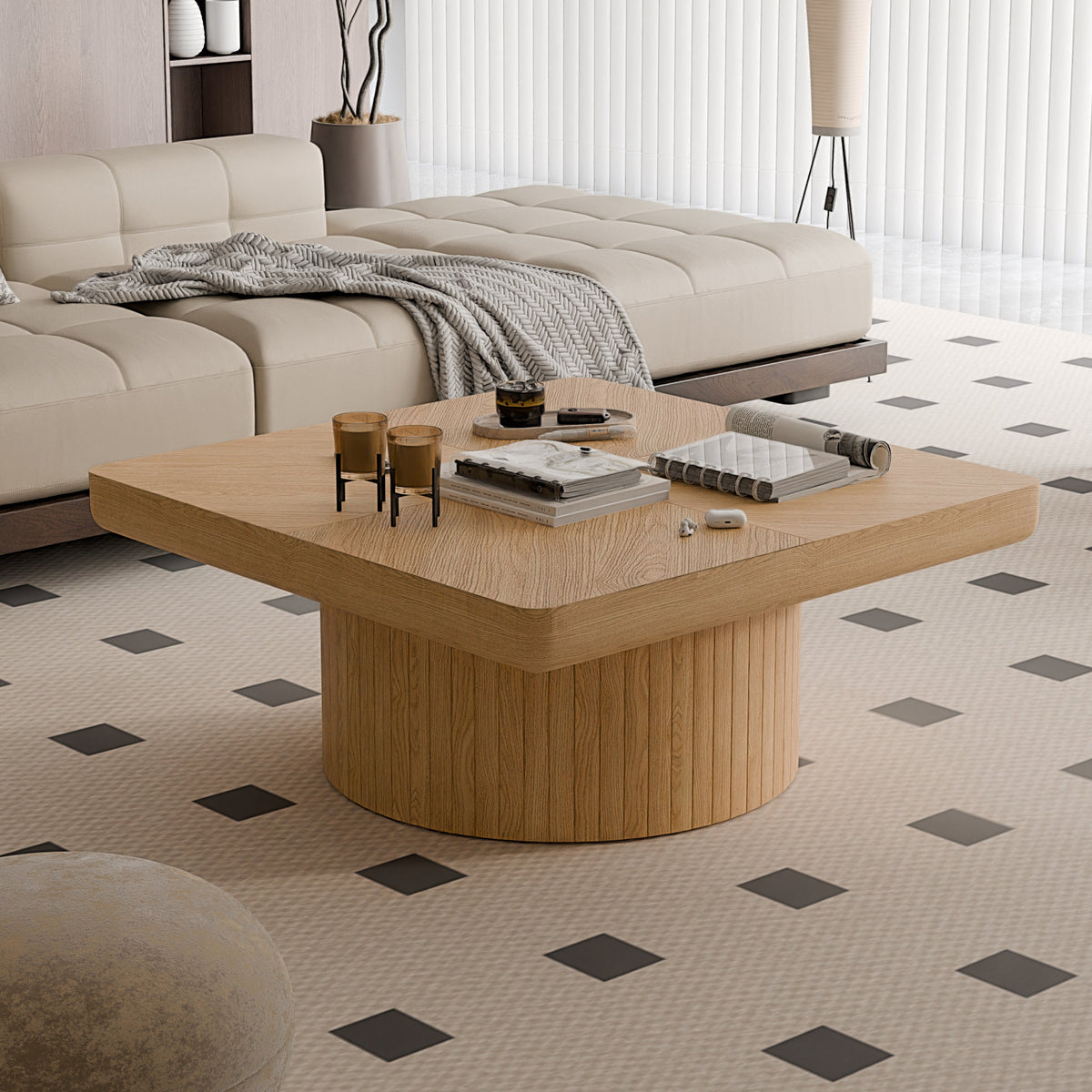 Square Coffee Table for Living Room, Modern Wood Veneer Top with Parquet Pattern & Cylindrical Base, Thickened Tabletop, Easy Assembly - Sonkuki