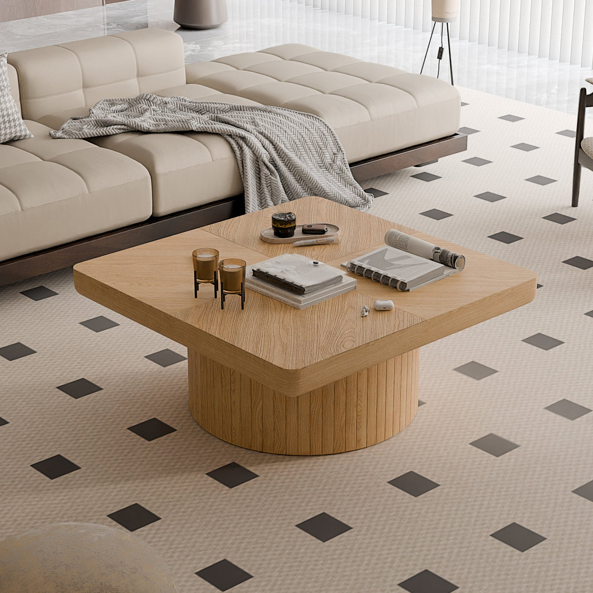 Square Coffee Table for Living Room, Modern Wood Veneer Top with Parquet Pattern & Cylindrical Base, Thickened Tabletop, Easy Assembly - Sonkuki