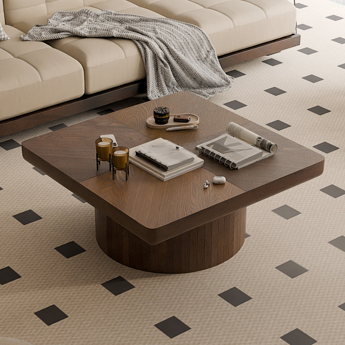 Square Coffee Table for Living Room, Modern Wood Veneer Top with Parquet Pattern & Cylindrical Base, Thickened Tabletop, Easy Assembly - Sonkuki