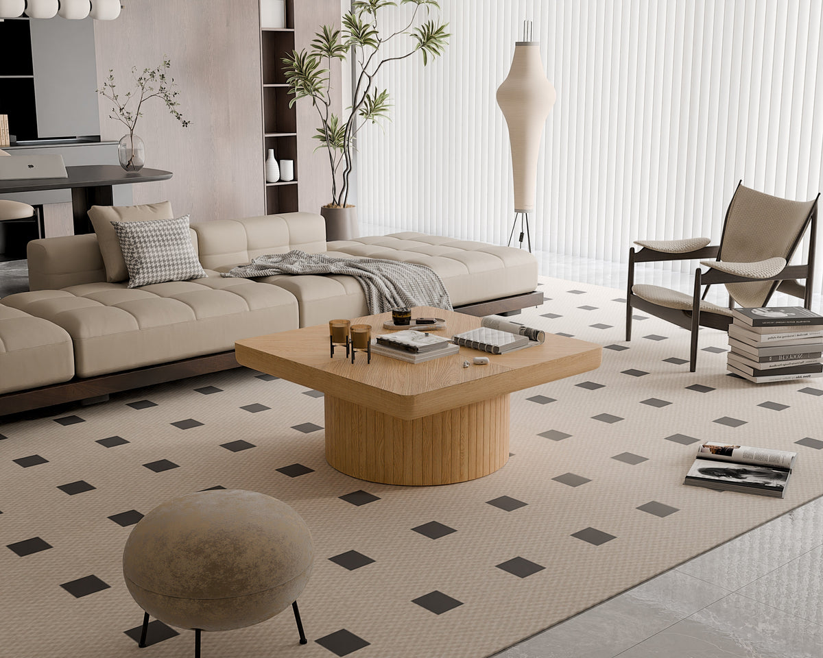 Square Coffee Table for Living Room, Modern Wood Veneer Top with Parquet Pattern & Cylindrical Base, Thickened Tabletop, Easy Assembly - Sonkuki
