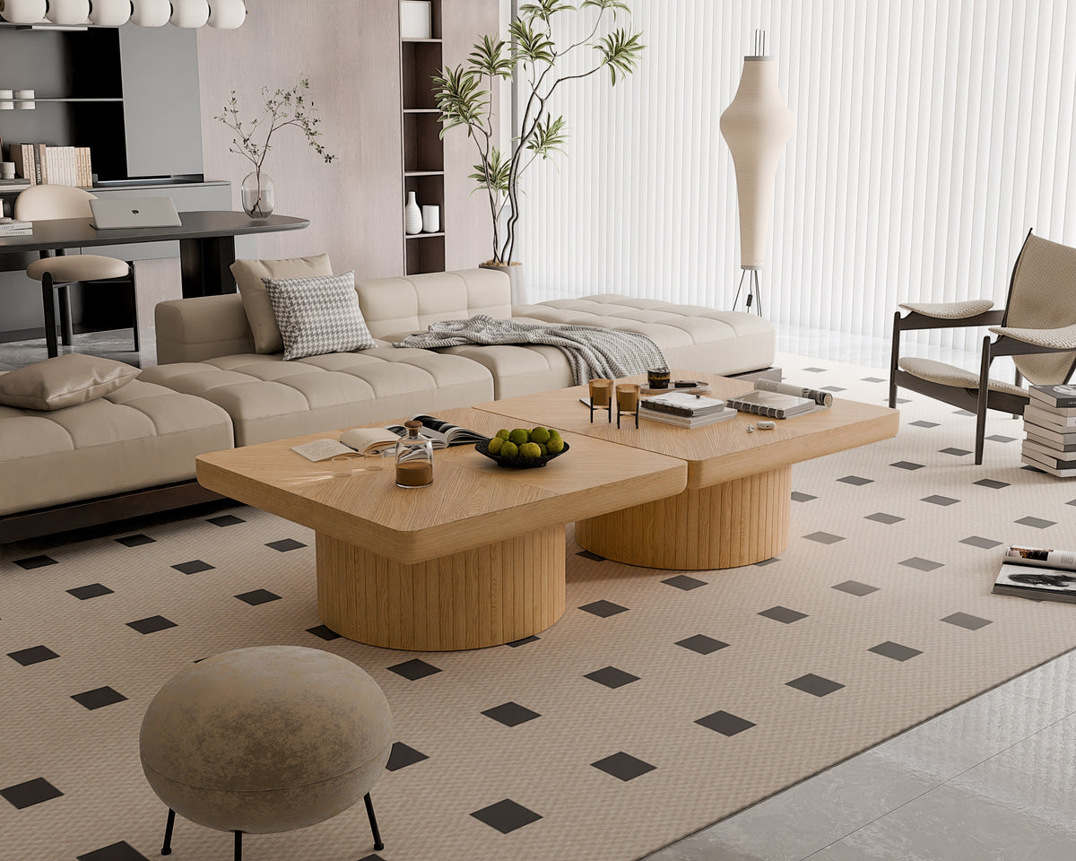 Square Coffee Table for Living Room, Modern Wood Veneer Top with Parquet Pattern & Cylindrical Base, Thickened Tabletop, Easy Assembly - Sonkuki