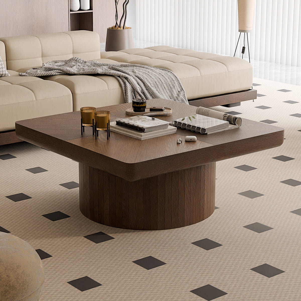 Square Coffee Table for Living Room, Modern Wood Veneer Top with Parquet Pattern & Cylindrical Base, Thickened Tabletop, Easy Assembly - Sonkuki