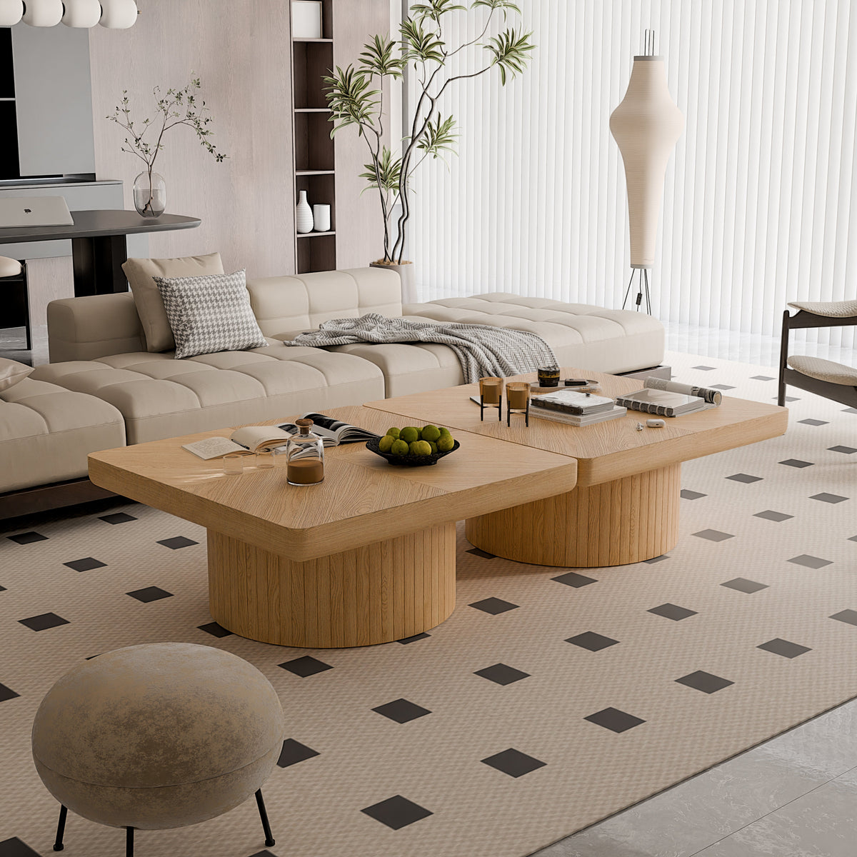 Square Coffee Table for Living Room, Modern Wood Veneer Top with Parquet Pattern & Cylindrical Base, Thickened Tabletop, Easy Assembly - Sonkuki