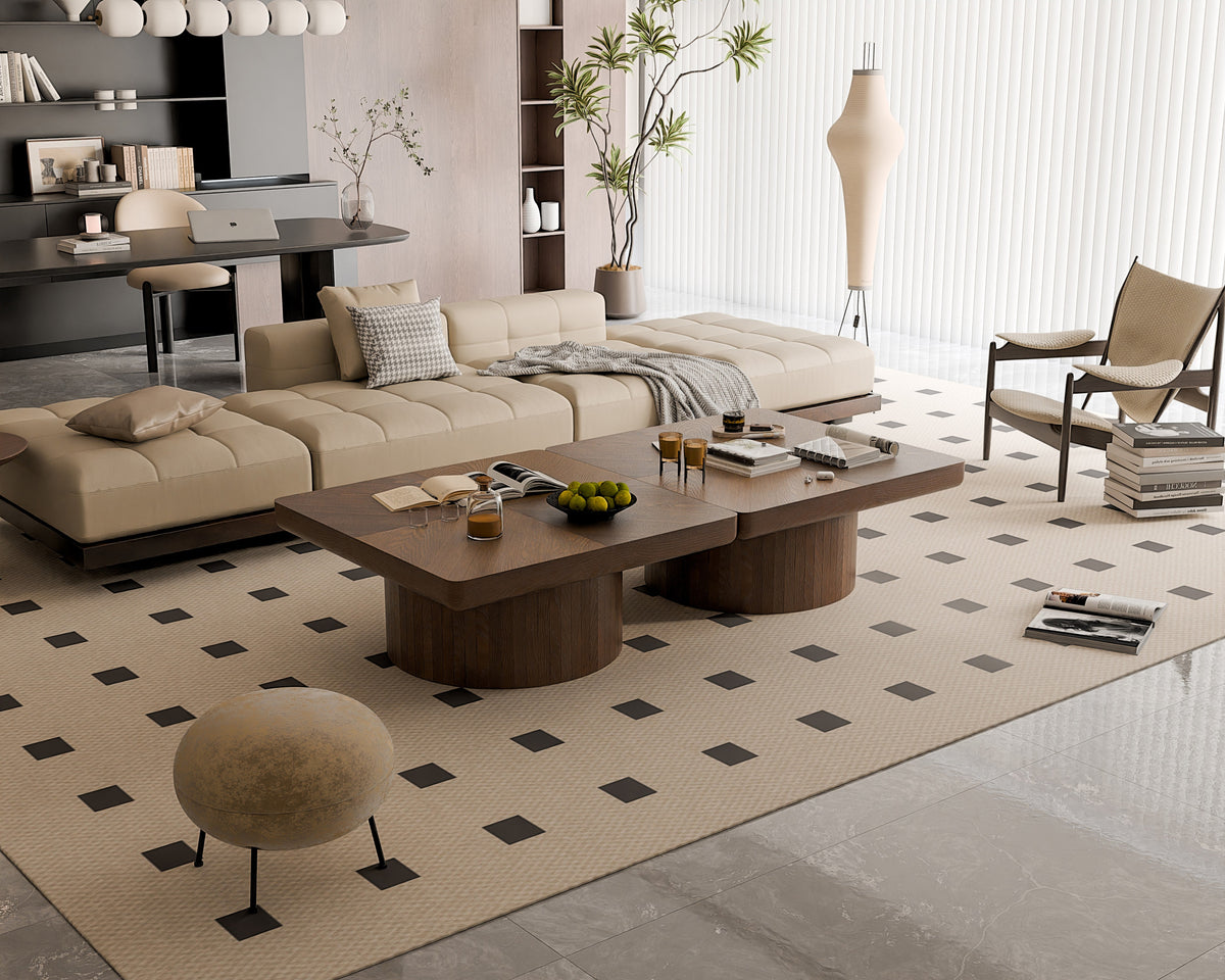Square Coffee Table for Living Room, Modern Wood Veneer Top with Parquet Pattern & Cylindrical Base, Thickened Tabletop, Easy Assembly - Sonkuki