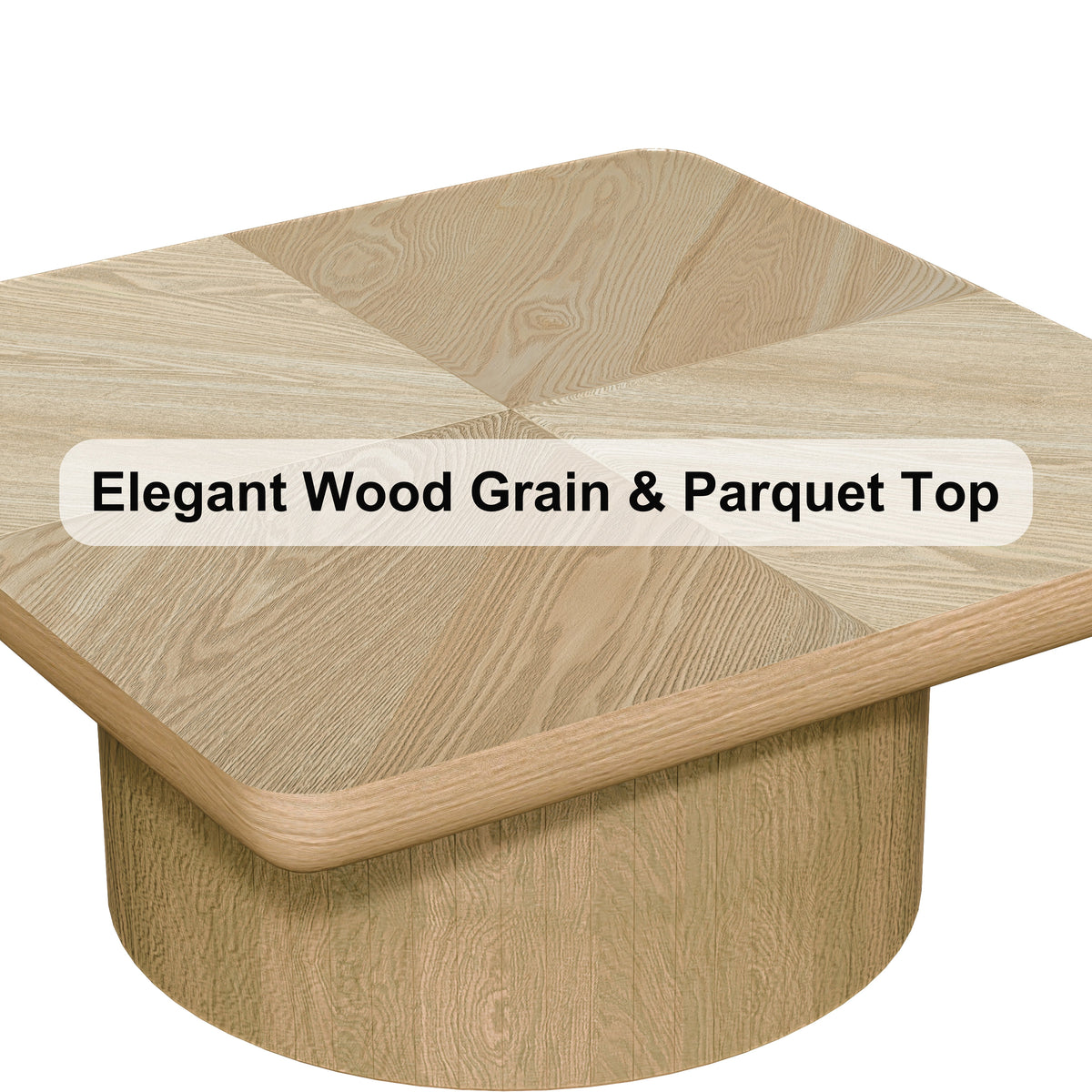 Square Coffee Table for Living Room, Modern Wood Veneer Top with Parquet Pattern & Cylindrical Base, Thickened Tabletop, Easy Assembly - Sonkuki