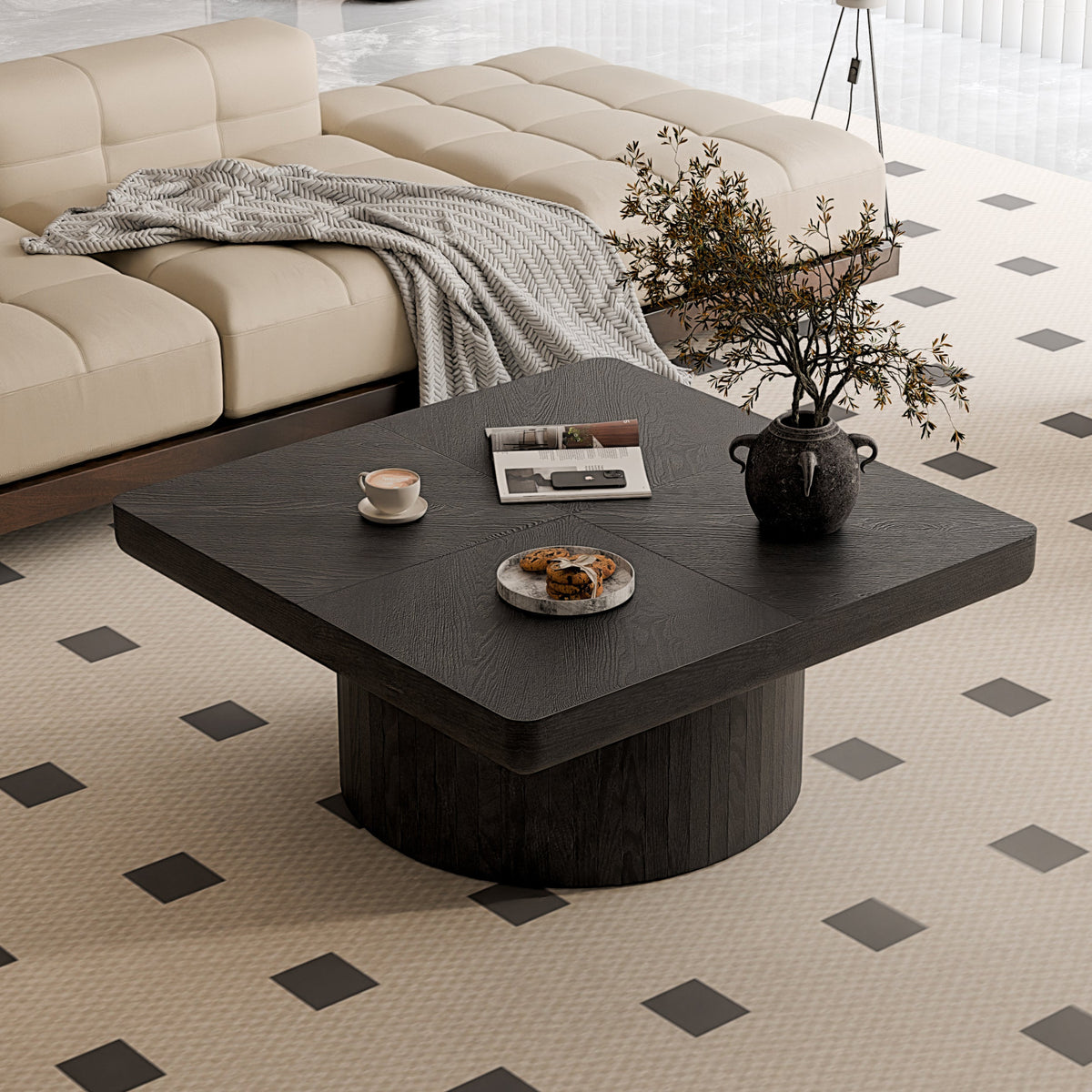 Square Coffee Table for Living Room, Modern Wood Veneer Top with Parquet Pattern & Cylindrical Base, Thickened Tabletop, Easy Assembly - Sonkuki