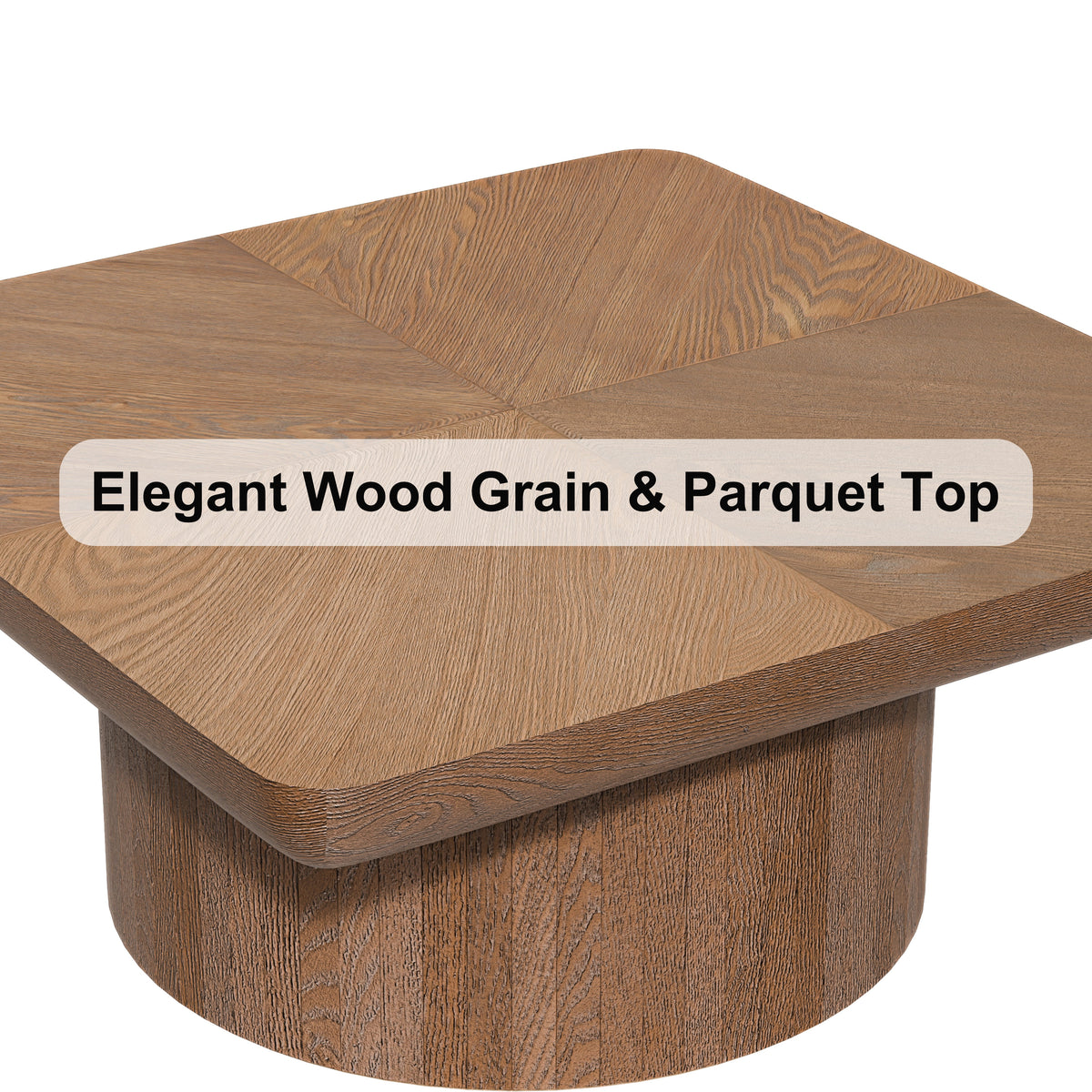 Square Coffee Table for Living Room, Modern Wood Veneer Top with Parquet Pattern & Cylindrical Base, Thickened Tabletop, Easy Assembly - Sonkuki
