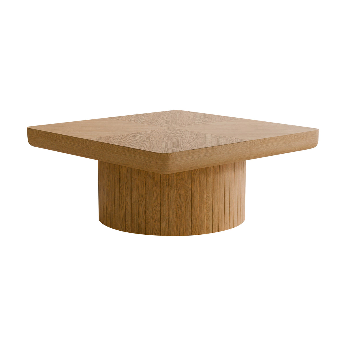 Square Coffee Table for Living Room, Modern Wood Veneer Top with Parquet Pattern & Cylindrical Base, Thickened Tabletop, Easy Assembly - Sonkuki