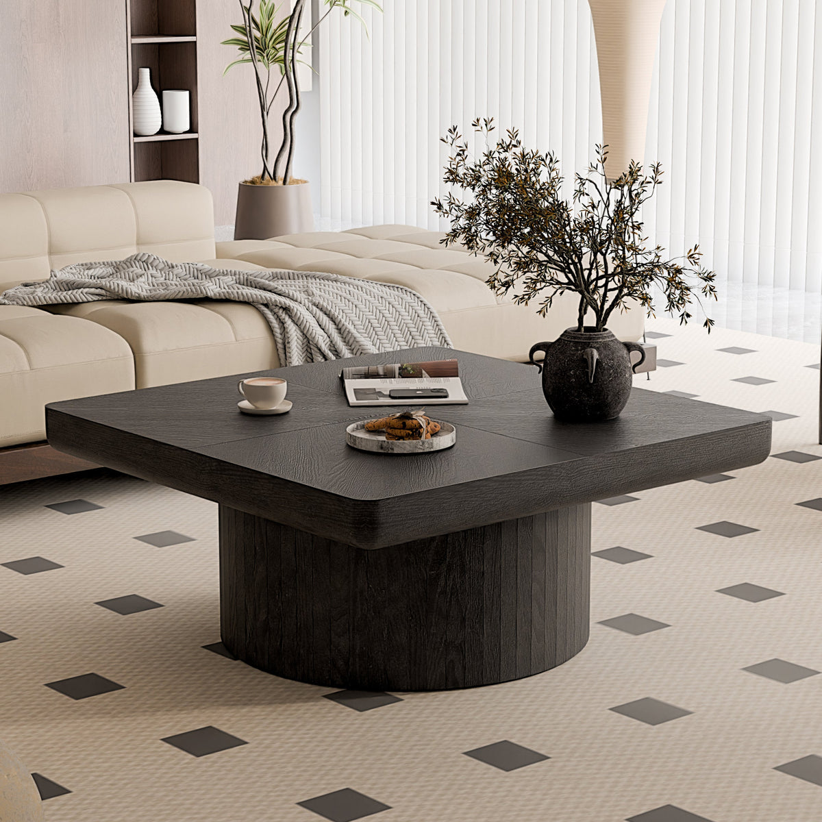 Square Coffee Table for Living Room, Modern Wood Veneer Top with Parquet Pattern & Cylindrical Base, Thickened Tabletop, Easy Assembly - Sonkuki