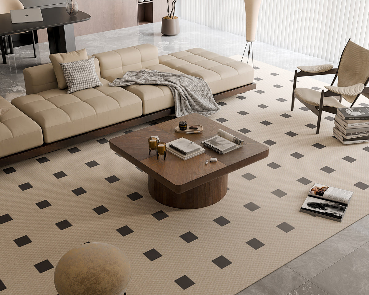 Square Coffee Table for Living Room, Modern Wood Veneer Top with Parquet Pattern & Cylindrical Base, Thickened Tabletop, Easy Assembly - Sonkuki