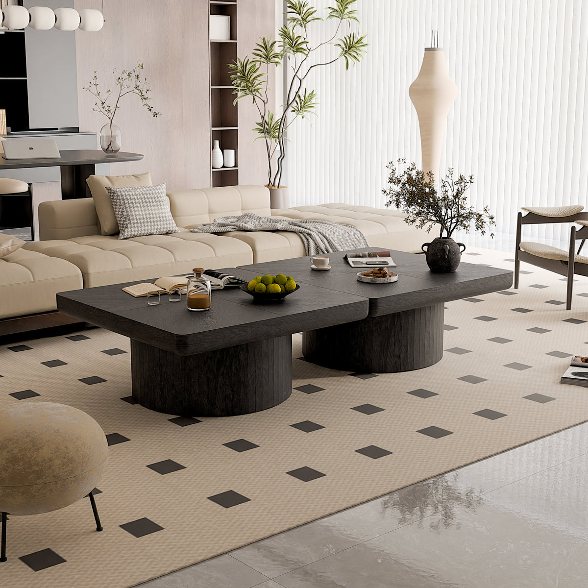 Square Coffee Table for Living Room, Modern Wood Veneer Top with Parquet Pattern & Cylindrical Base, Thickened Tabletop, Easy Assembly - Sonkuki