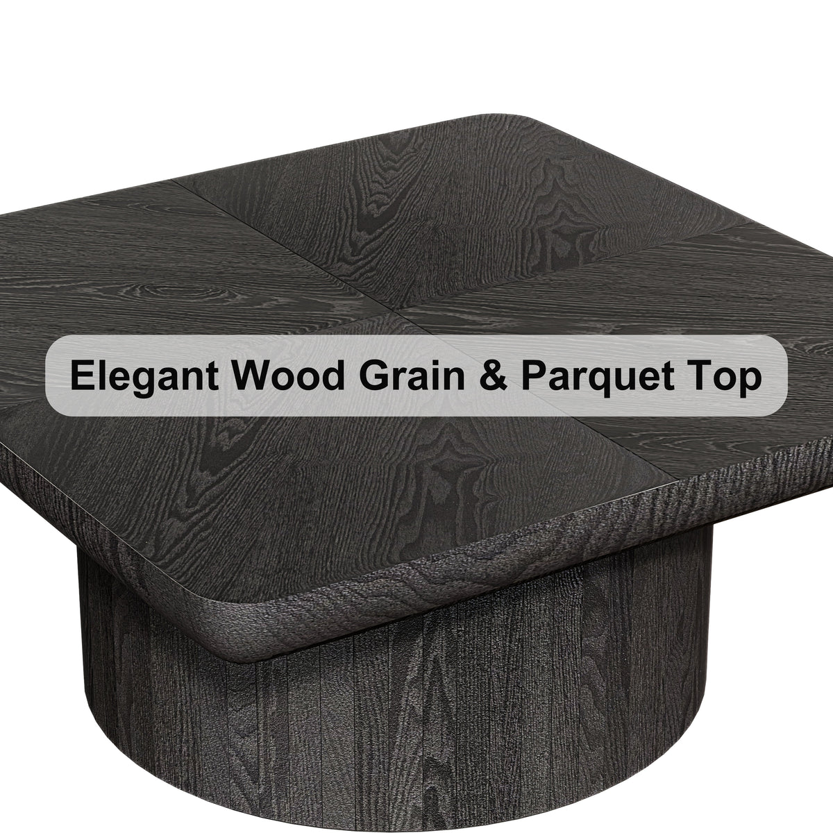 Square Coffee Table for Living Room, Modern Wood Veneer Top with Parquet Pattern & Cylindrical Base, Thickened Tabletop, Easy Assembly - Sonkuki