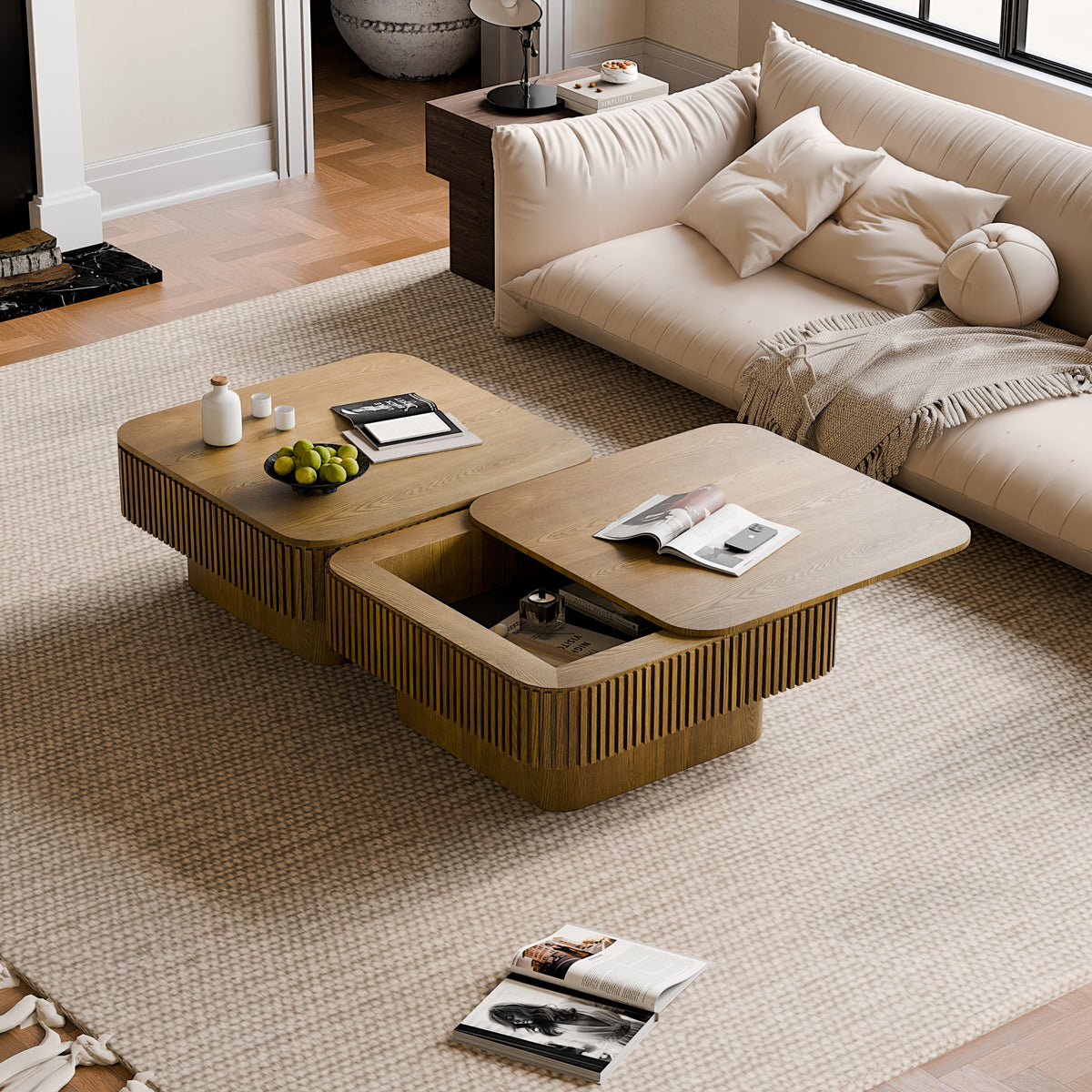 Square Coffee Table with Storage Solid Wood Veneered Modern Coffee Table Accent Tea Table for Living Room, Bedroom, Apartment or Office - Sonkuki