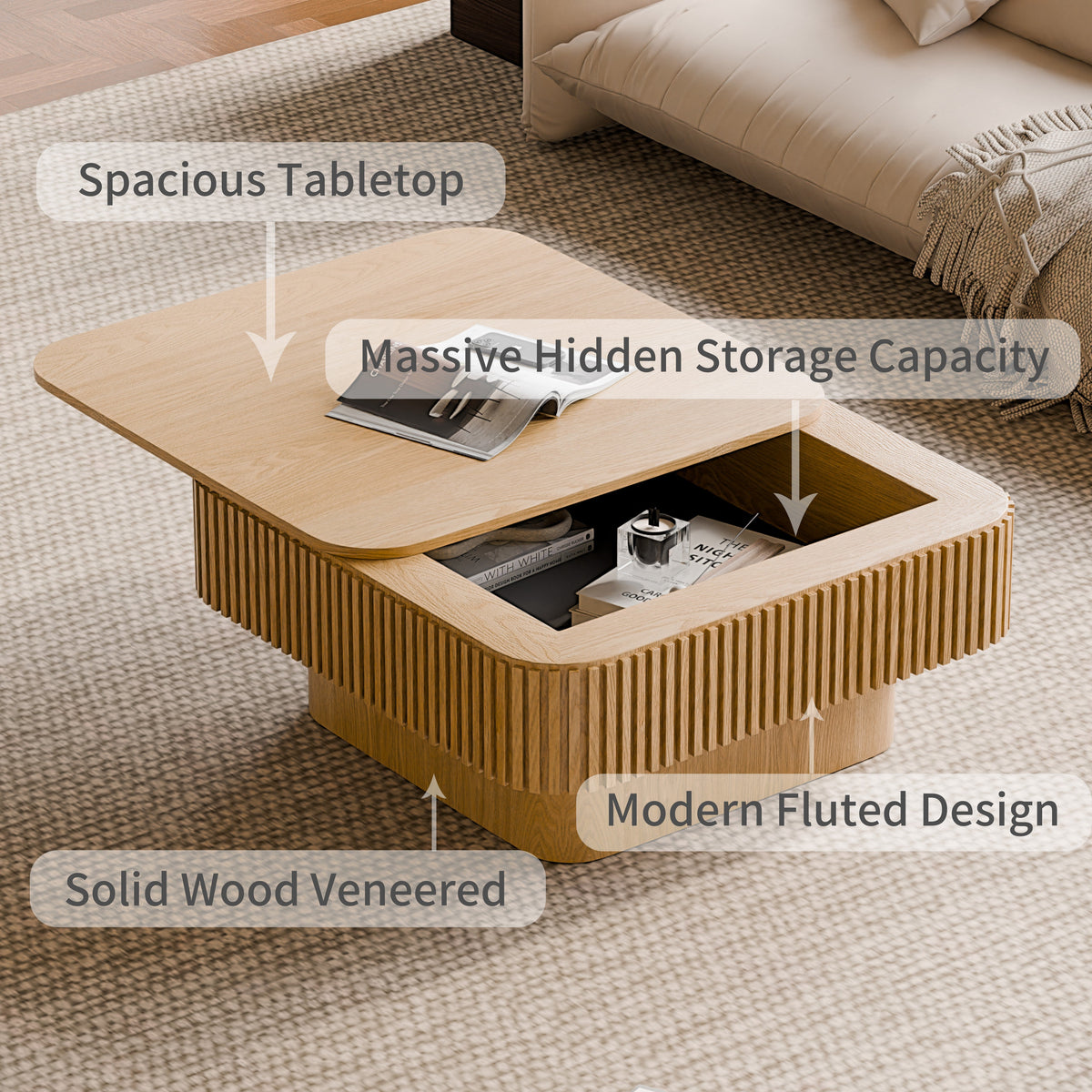 Square Coffee Table with Storage Solid Wood Veneered Modern Coffee Table Accent Tea Table for Living Room, Bedroom, Apartment or Office - Sonkuki