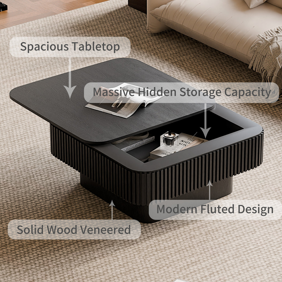 Square Coffee Table with Storage Solid Wood Veneered Modern Coffee Table Accent Tea Table for Living Room, Bedroom, Apartment or Office - Sonkuki