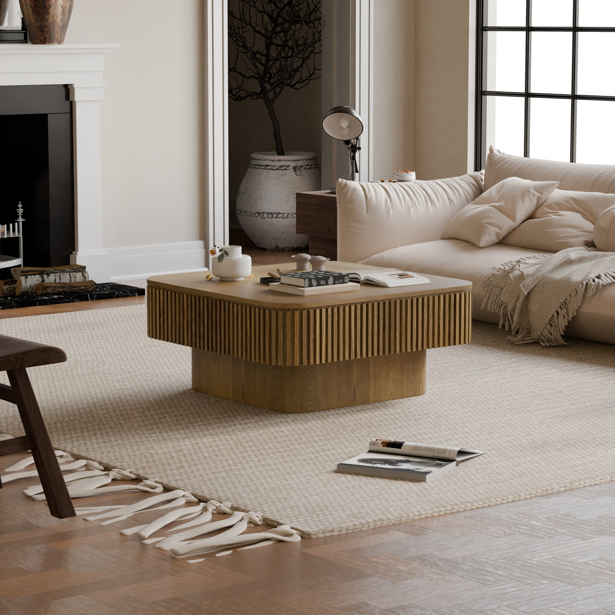 Square Coffee Table with Storage Solid Wood Veneered Modern Coffee Table Accent Tea Table for Living Room, Bedroom, Apartment or Office - Sonkuki