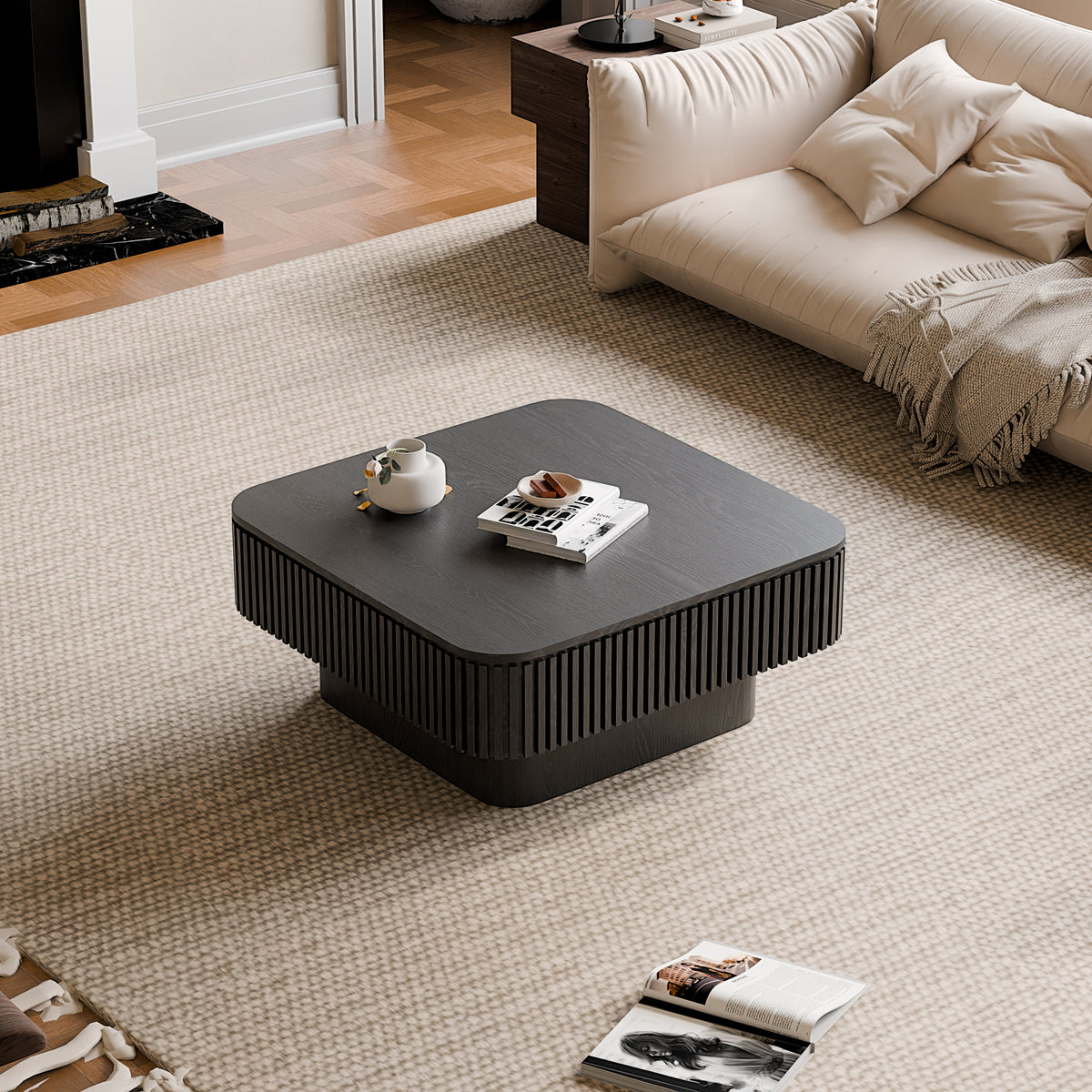 Square Coffee Table with Storage Solid Wood Veneered Modern Coffee Table Accent Tea Table for Living Room, Bedroom, Apartment or Office - Sonkuki