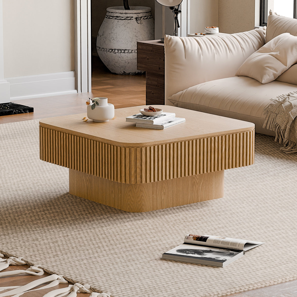 Square Coffee Table with Storage Solid Wood Veneered Modern Coffee Table Accent Tea Table for Living Room, Bedroom, Apartment or Office - Sonkuki