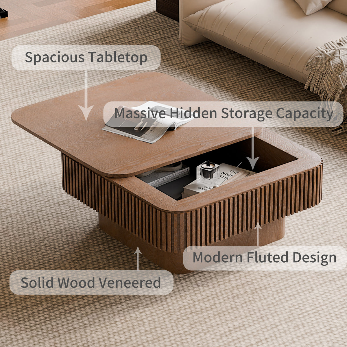 Square Coffee Table with Storage Solid Wood Veneered Modern Coffee Table Accent Tea Table for Living Room, Bedroom, Apartment or Office - Sonkuki