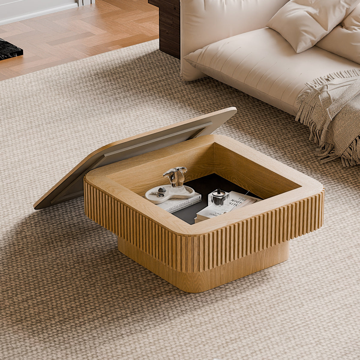Square Coffee Table with Storage Solid Wood Veneered Modern Coffee Table Accent Tea Table for Living Room, Bedroom, Apartment or Office - Sonkuki