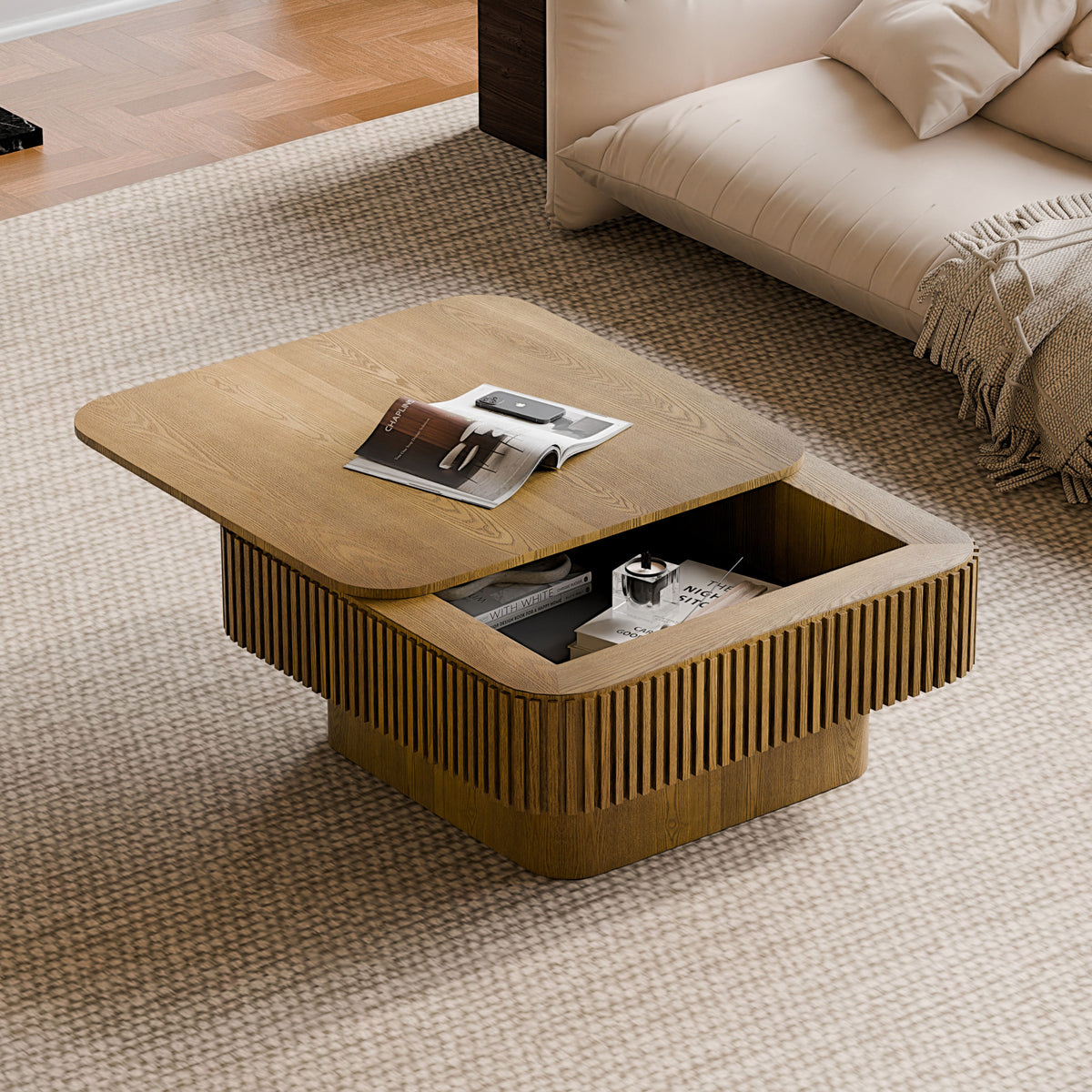 Square Coffee Table with Storage Solid Wood Veneered Modern Coffee Table Accent Tea Table for Living Room, Bedroom, Apartment or Office - Sonkuki