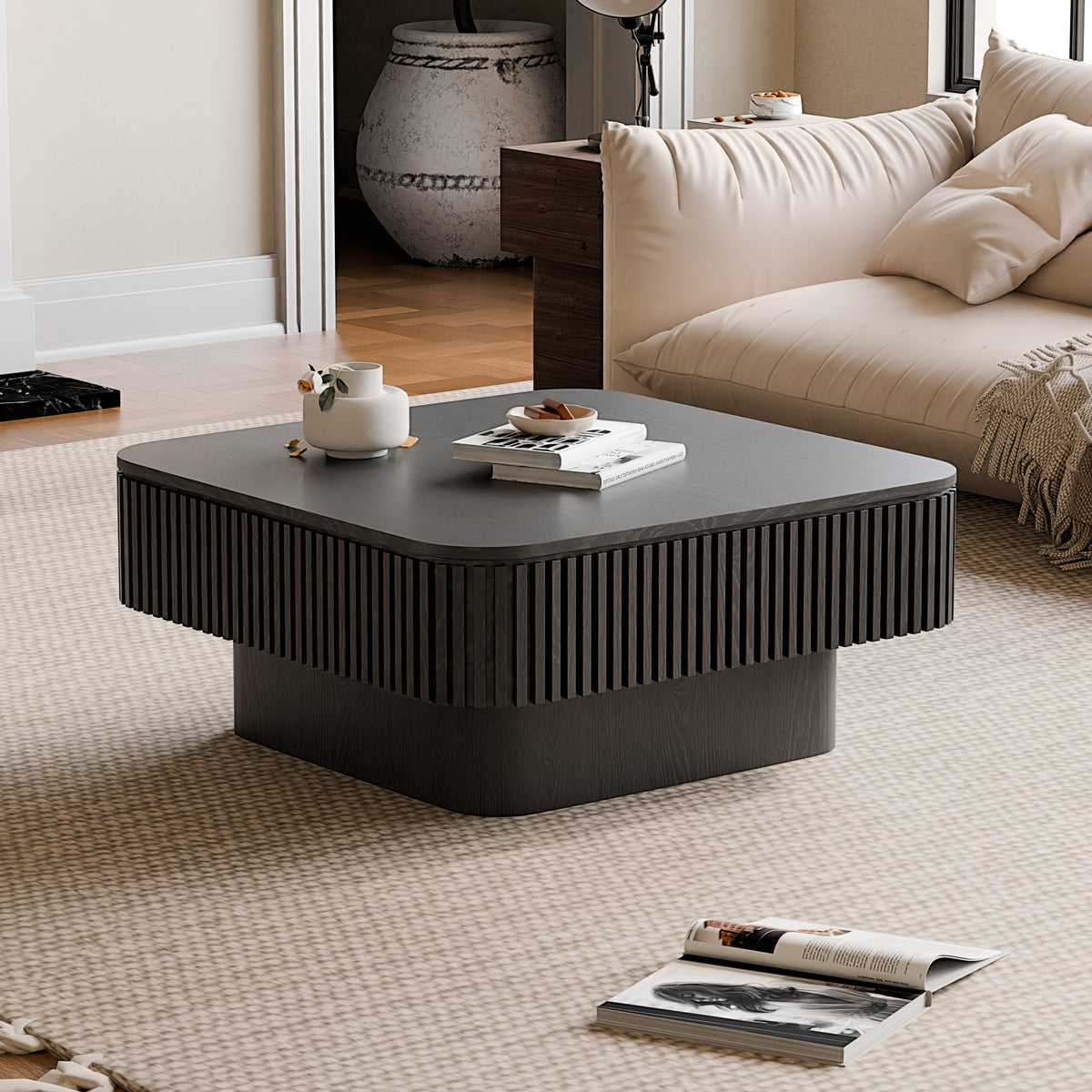 Square Coffee Table with Storage Solid Wood Veneered Modern Coffee Table Accent Tea Table for Living Room, Bedroom, Apartment or Office - Sonkuki