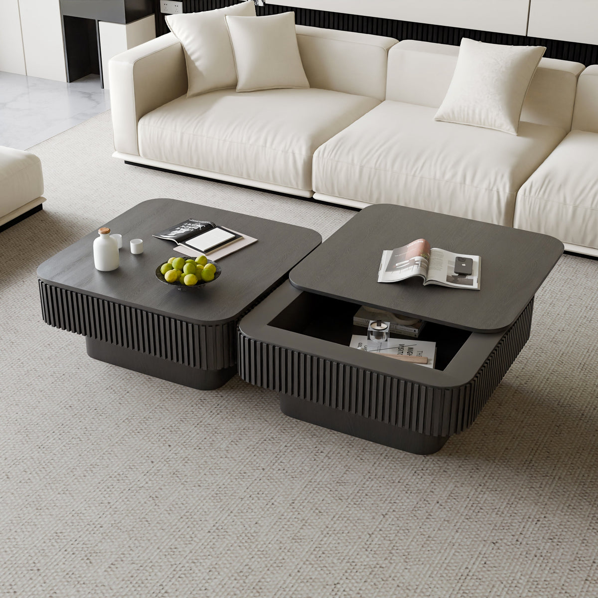 Square Coffee Table with Storage Solid Wood Veneered Modern Coffee Table Accent Tea Table for Living Room, Bedroom, Apartment or Office - Sonkuki