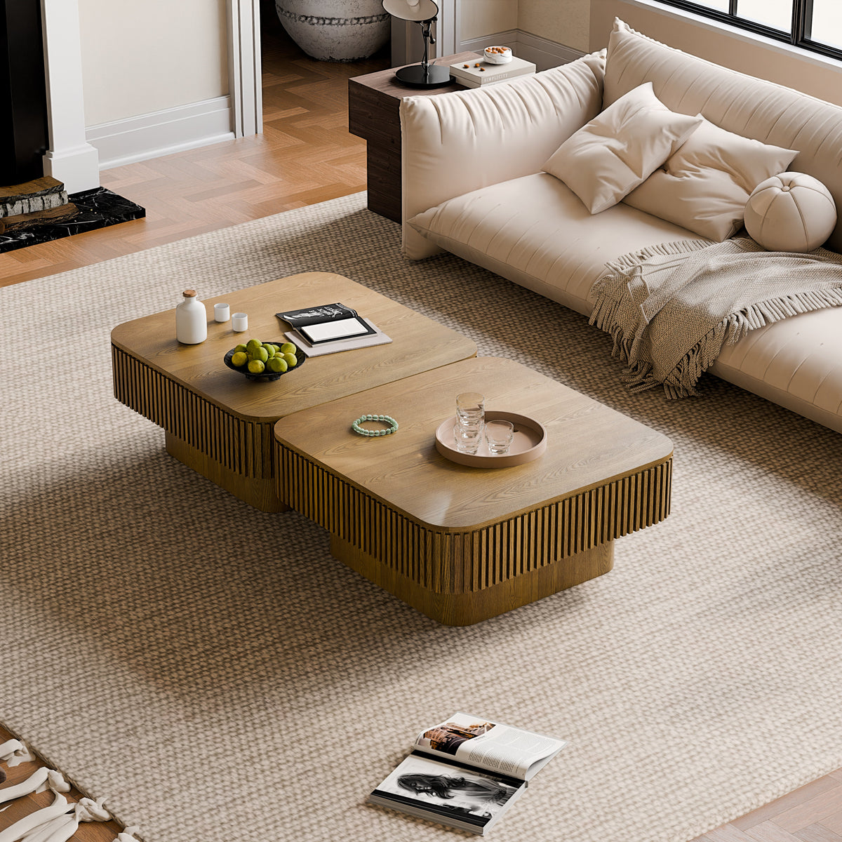 Square Coffee Table with Storage Solid Wood Veneered Modern Coffee Table Accent Tea Table for Living Room, Bedroom, Apartment or Office - Sonkuki