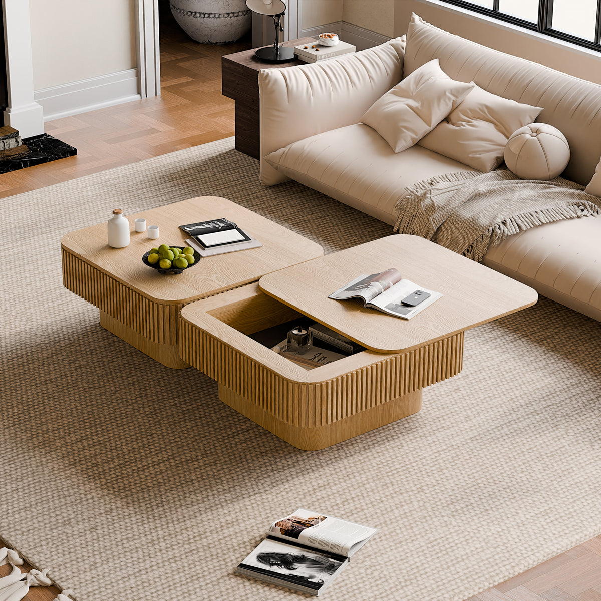 Square Coffee Table with Storage Solid Wood Veneered Modern Coffee Table Accent Tea Table for Living Room, Bedroom, Apartment or Office - Sonkuki