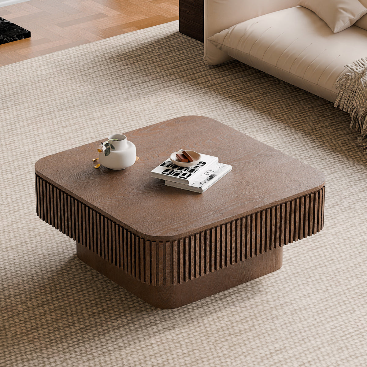 Square Coffee Table with Storage Solid Wood Veneered Modern Coffee Table Accent Tea Table for Living Room, Bedroom, Apartment or Office - Sonkuki