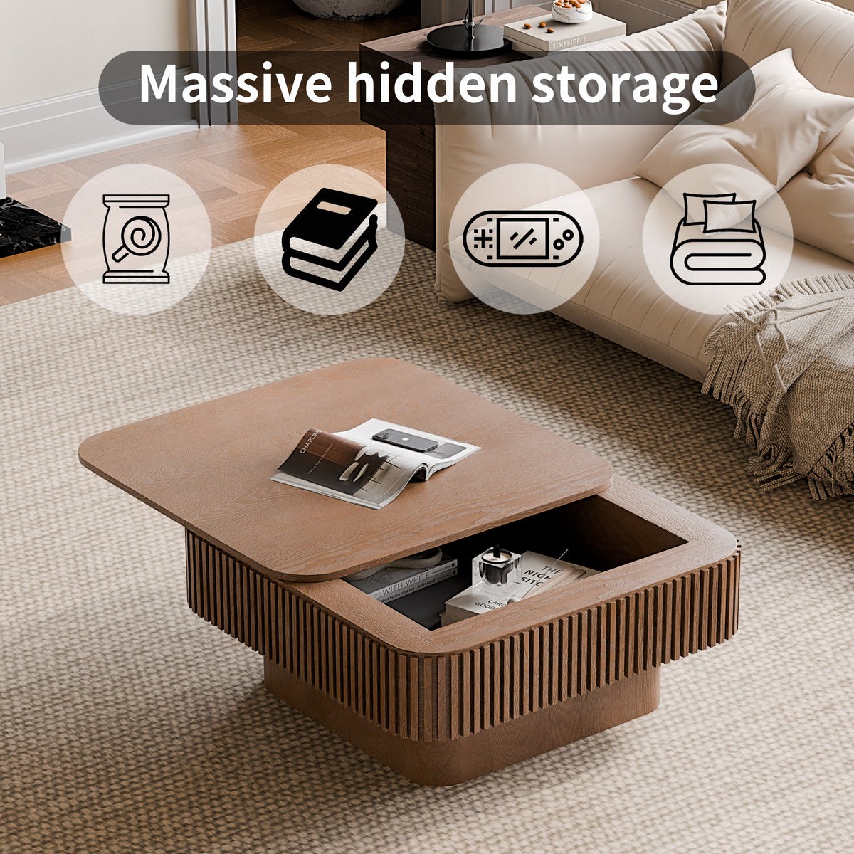 Square Coffee Table with Storage Solid Wood Veneered Modern Coffee Table Accent Tea Table for Living Room, Bedroom, Apartment or Office - Sonkuki