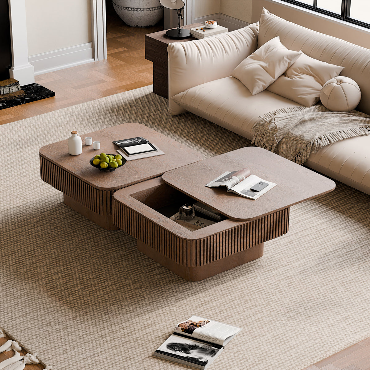 Square Coffee Table with Storage Solid Wood Veneered Modern Coffee Table Accent Tea Table for Living Room, Bedroom, Apartment or Office - Sonkuki