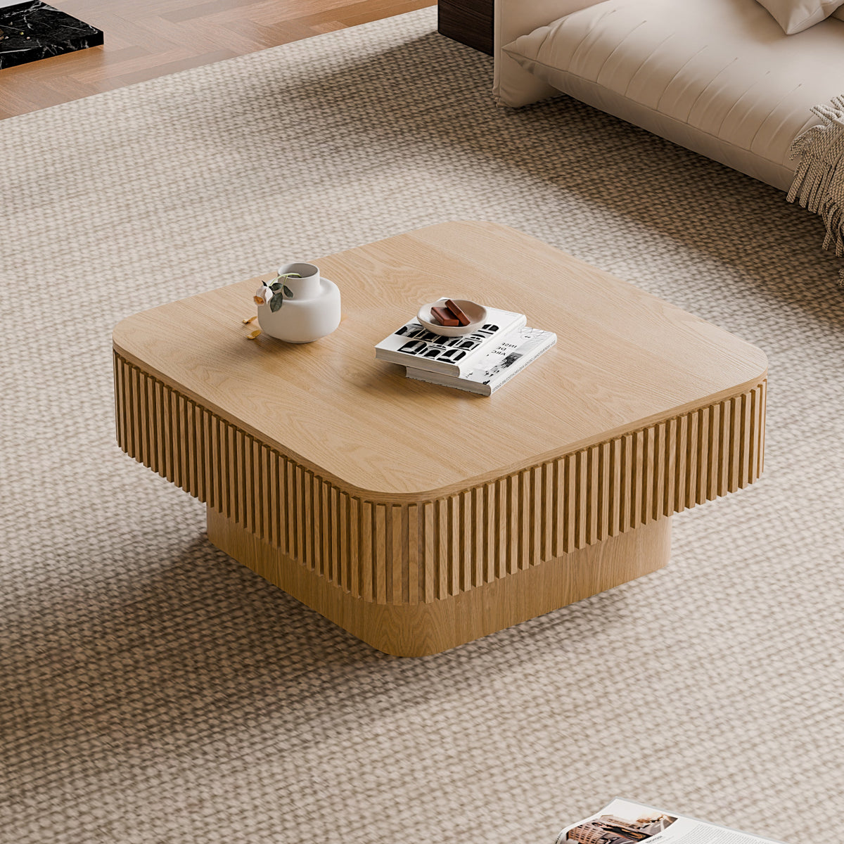Square Coffee Table with Storage Solid Wood Veneered Modern Coffee Table Accent Tea Table for Living Room, Bedroom, Apartment or Office - Sonkuki